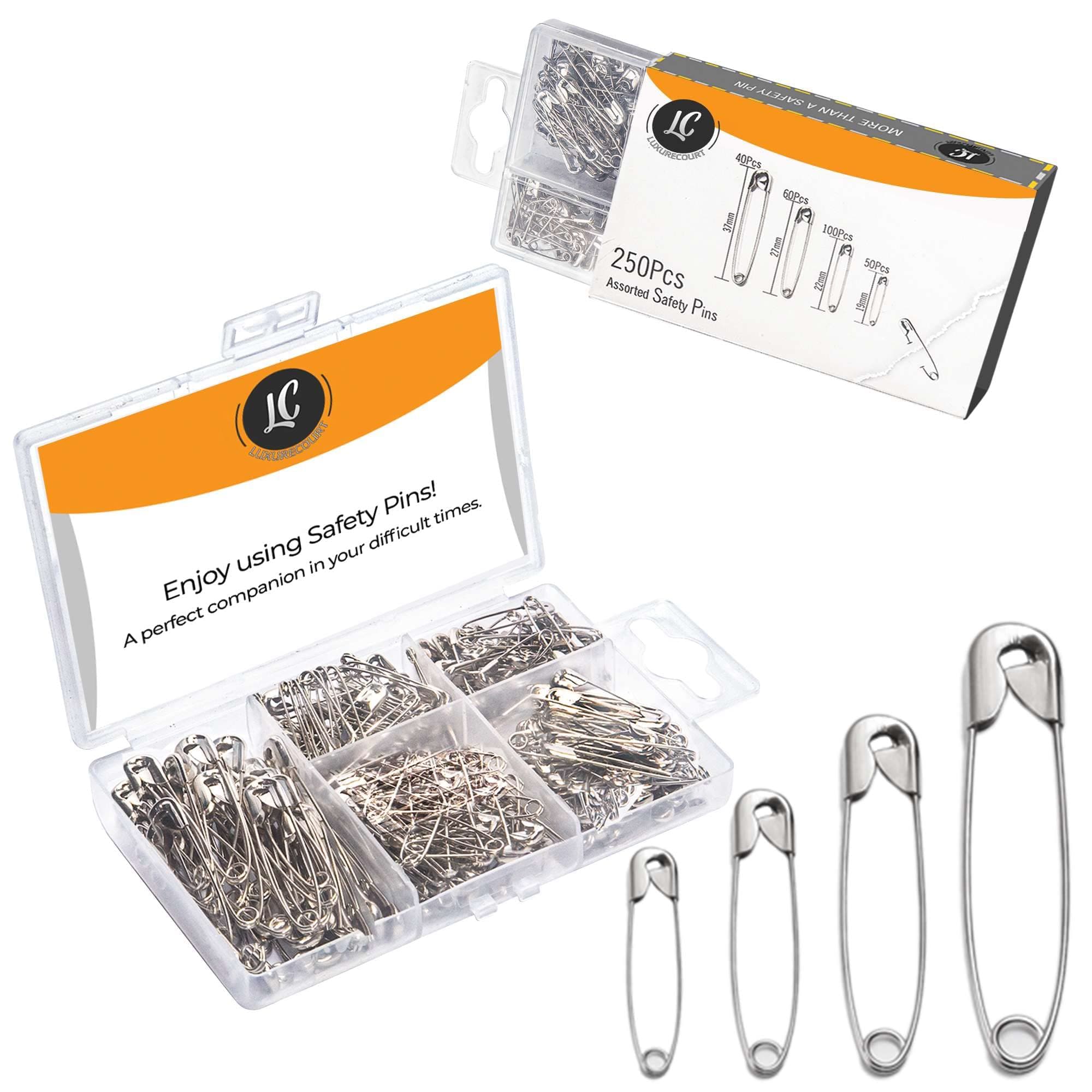 250 Pack Safety Pins by Luxurecourt, 4 Assorted Sizes of Durable, Silver Small and Large Safety Pins Bulk, Rust-Resistant Nickel Plated Steel, Sharp Edge Pins for Clothes, Sewing, Arts & Craft