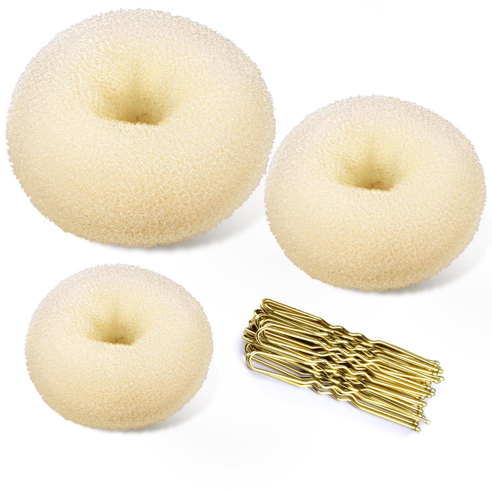 TsMADDTs Hair Bun Maker Blonde, 3pcs Donut Bun Maker (Large, Medium, Small) with Large Bobby Pins Blonde 20pcs, Doughnuts Sock Bun Ring Styler Maker