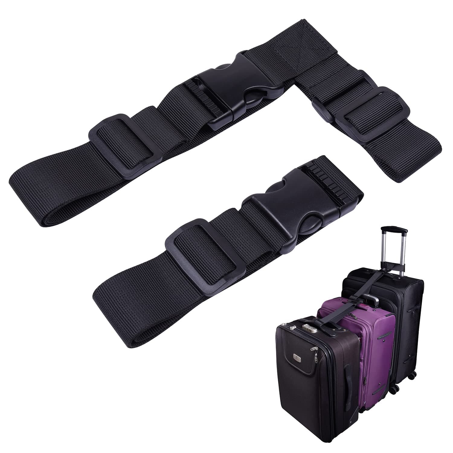Wisdompro Add a Bag Luggage Strap, 1 Set of Heavy Duty Adjustable Travel Suitcase Connector Belt, Travel Attachment Accessories for Connecting Your Luggage - Black (T-Type and Normal) (WP305)