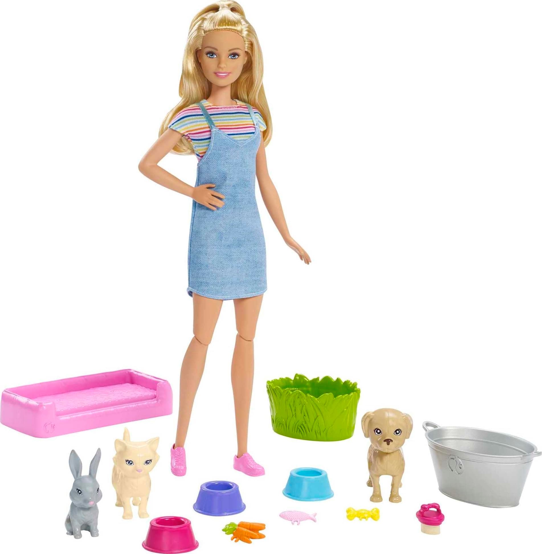 Barbie Play ‘n’ Wash Pets Playset with Blonde Barbie Doll and 3 Color-Change Animal Figures FXH11