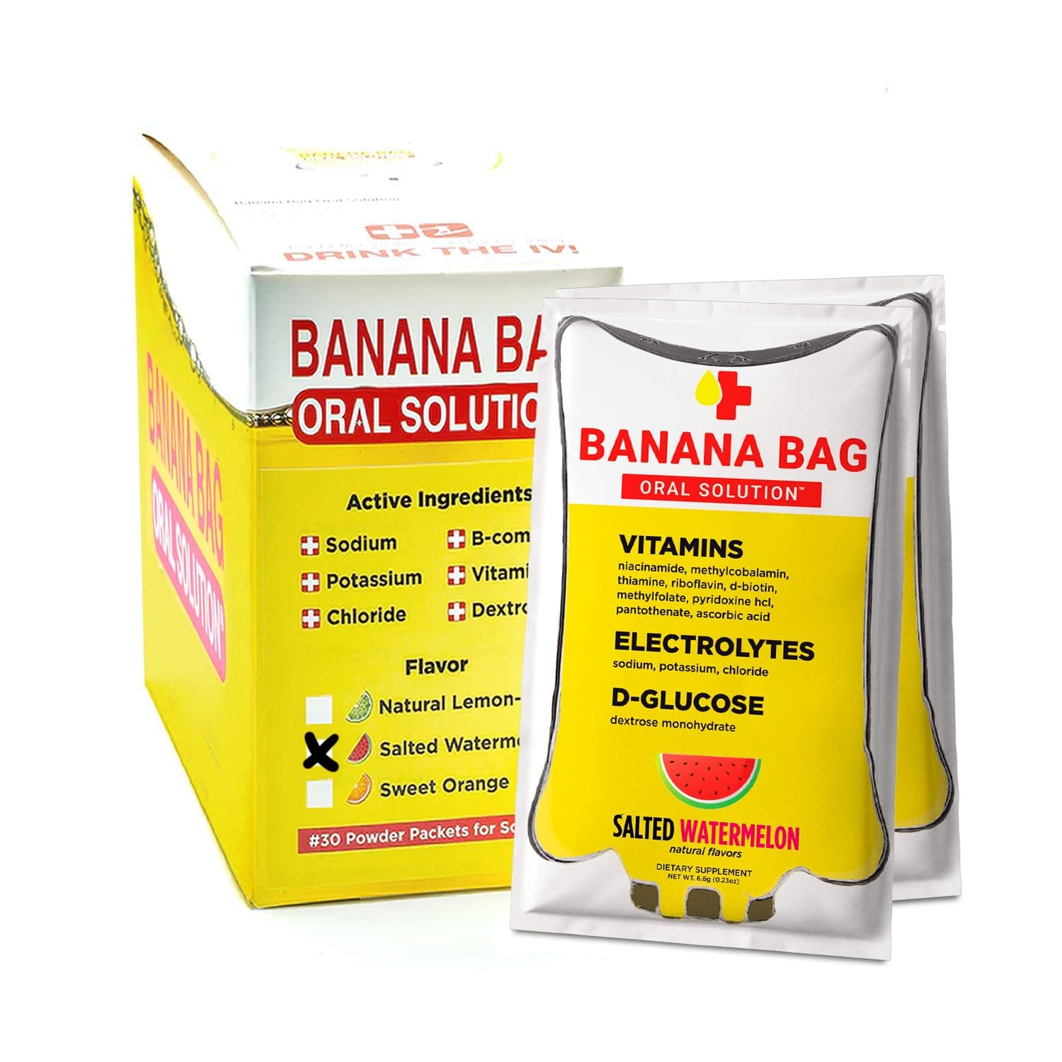 - Banana Bag Oral Solution Packets – Salted Watermelon 30pk | A Refreshing Blend of Electrolytes, Vitamin C, and B-Complex for Hydration and Energy. Convenient, Easy-to-Mix, and Perfect for Daily Use.