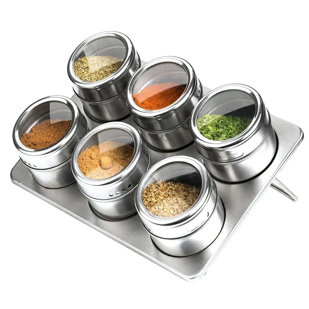 Magnetic Stainless Steel Spice Storage Seasoning Jars,Clear Top Lid with Sift or Pour,Round Storage Spice Rack set of 6