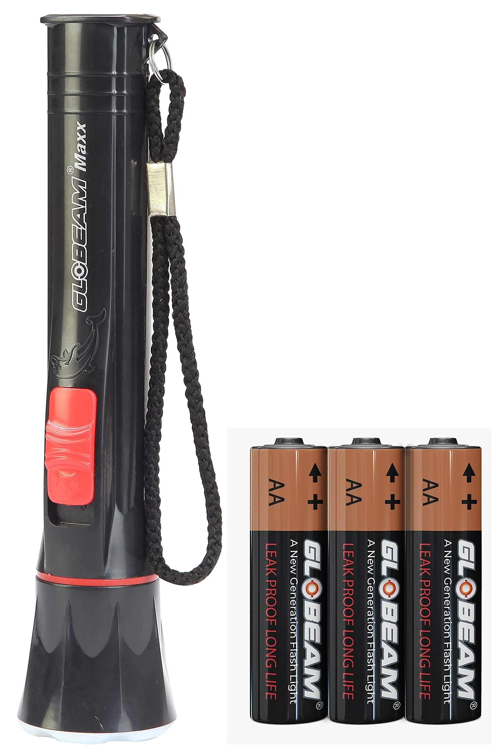 GLOBEAM Maxx LED Flashlight with 3 AA Size Battery (Battery are Included) Torch Light for Farmers, Villager, House, Hospitals (Black, Red, Yellow, Green, Blue), Pack of 1