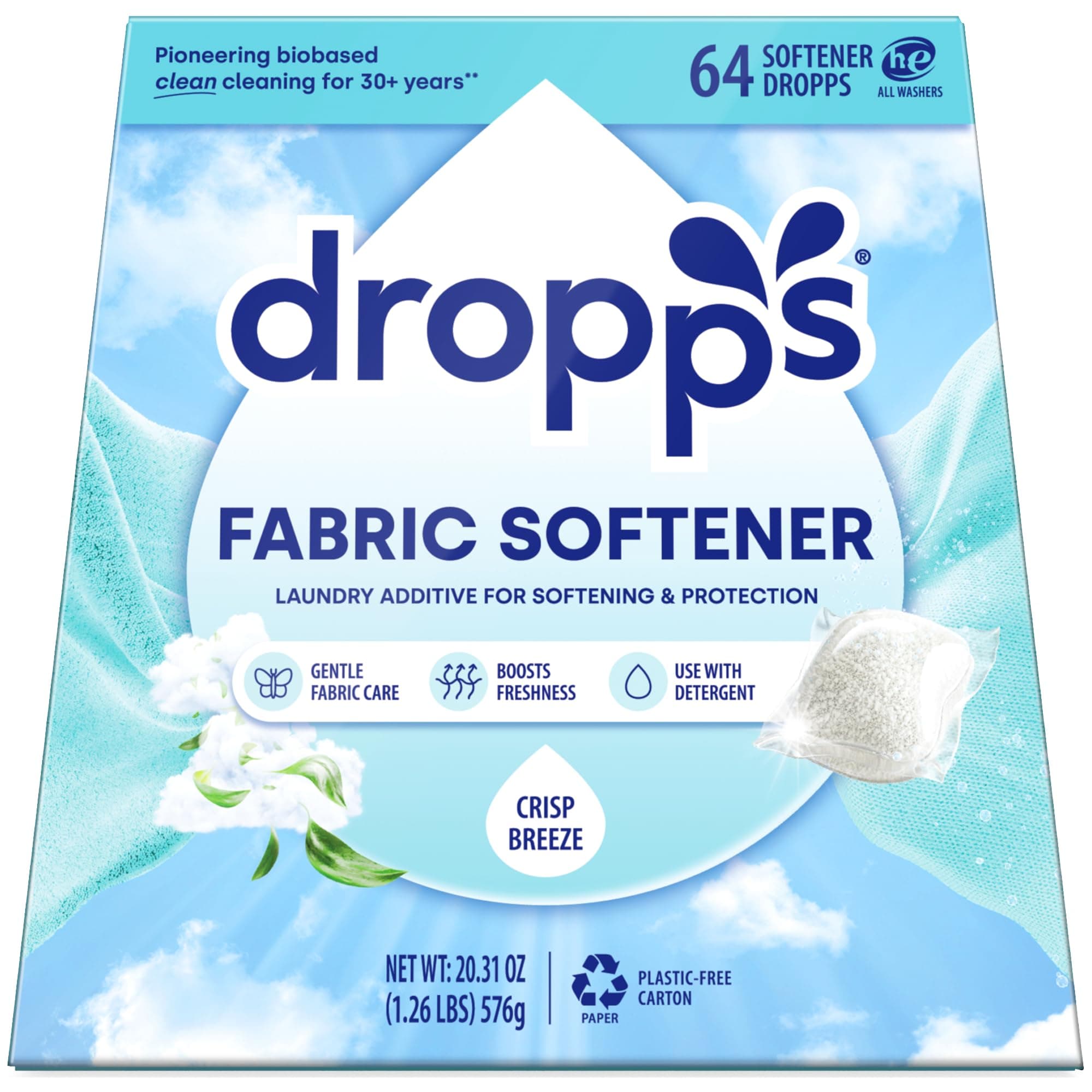 Dropps Laundry Fabric Softener Pods, Crisp Breeze (64 Pods) - Laundry Additive for Softening & Protection - HE Compatible Mineral Based Ingredients Laundry Supplies