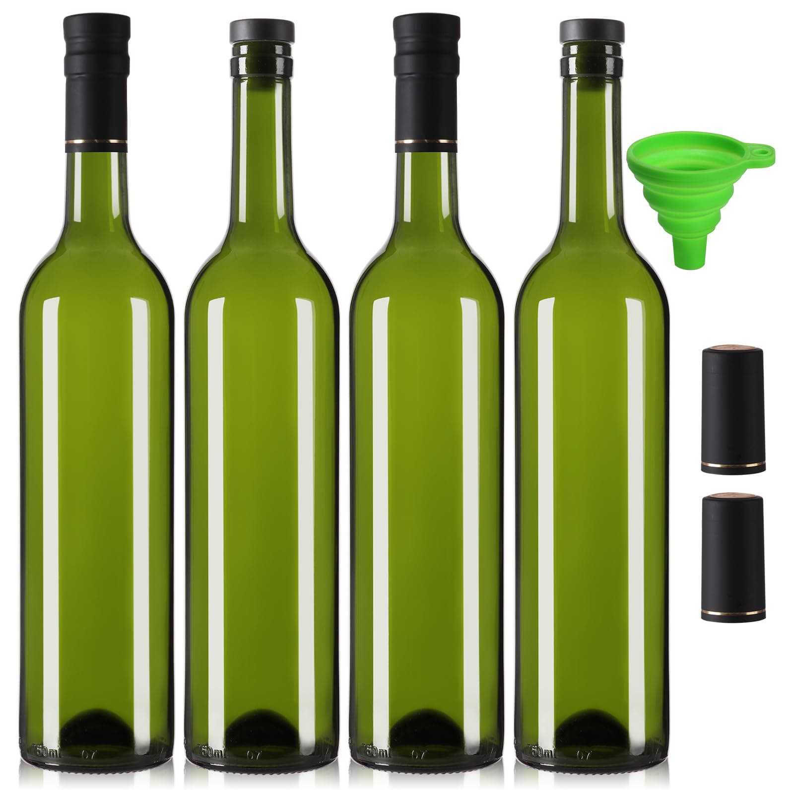 4 Pack 750 ml Green Glass Bottles With T-top Caps & Seal Shrink Capsules, Wine Bottles, Empty Wine Bottles with Funnel for Wine, Beverages, Juice & Kombucha