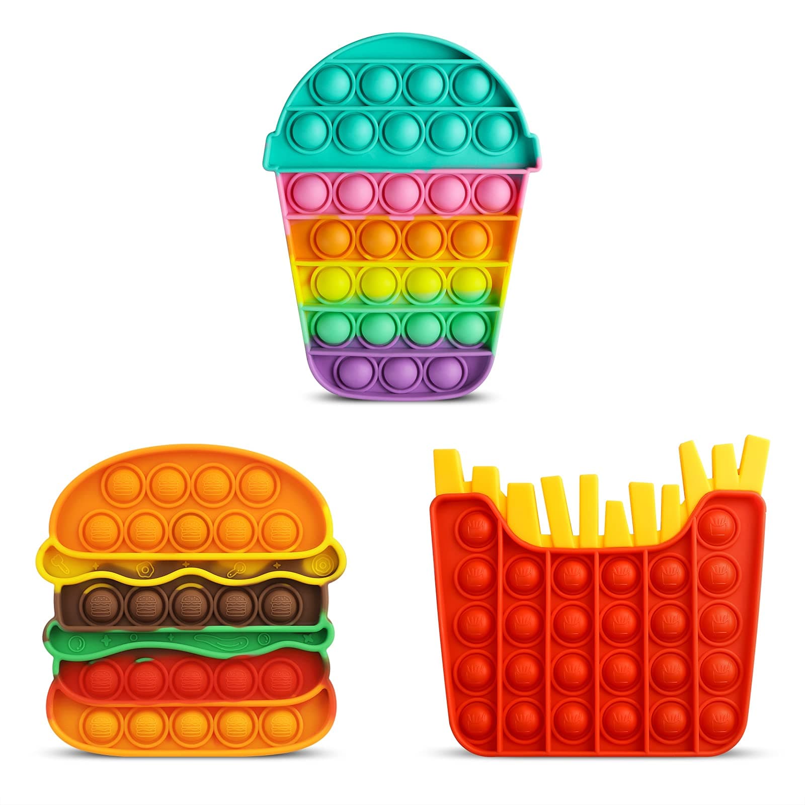 Aemotoy 3Pcs Push Bubbles Fidgets Sensory Toys for Kids Adults Silicone Popper Rainbow Hamburger Stress Relief Toys Christmas Birthday Gift for Girls Autism ADD ADHD, Hamburger Fries Cup