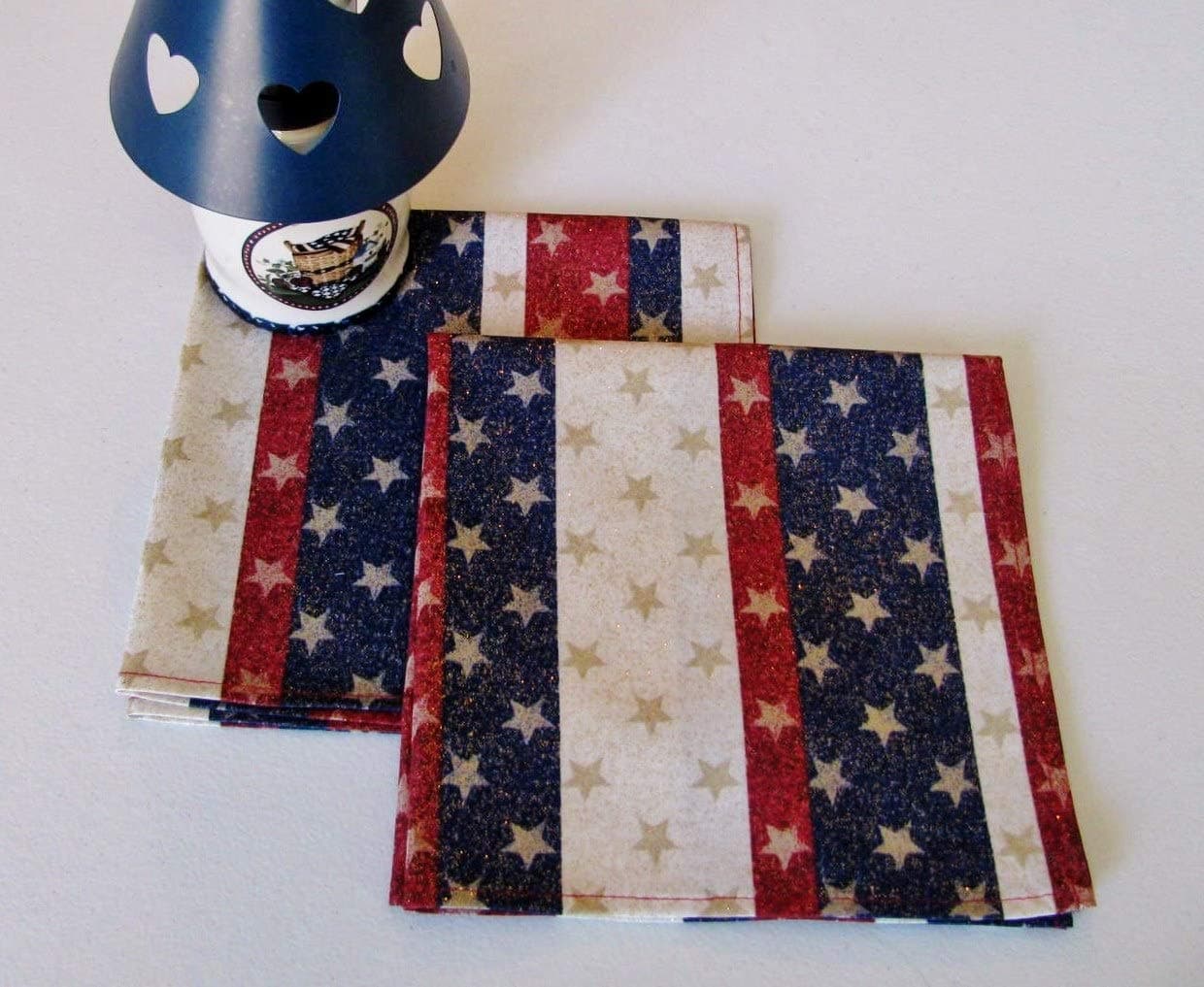 Stars & Stripes Cloth Napkins (Set of 2) Patriotic Americana Made in USA 17" x 17" 100% Cotton Red Off-White Blue