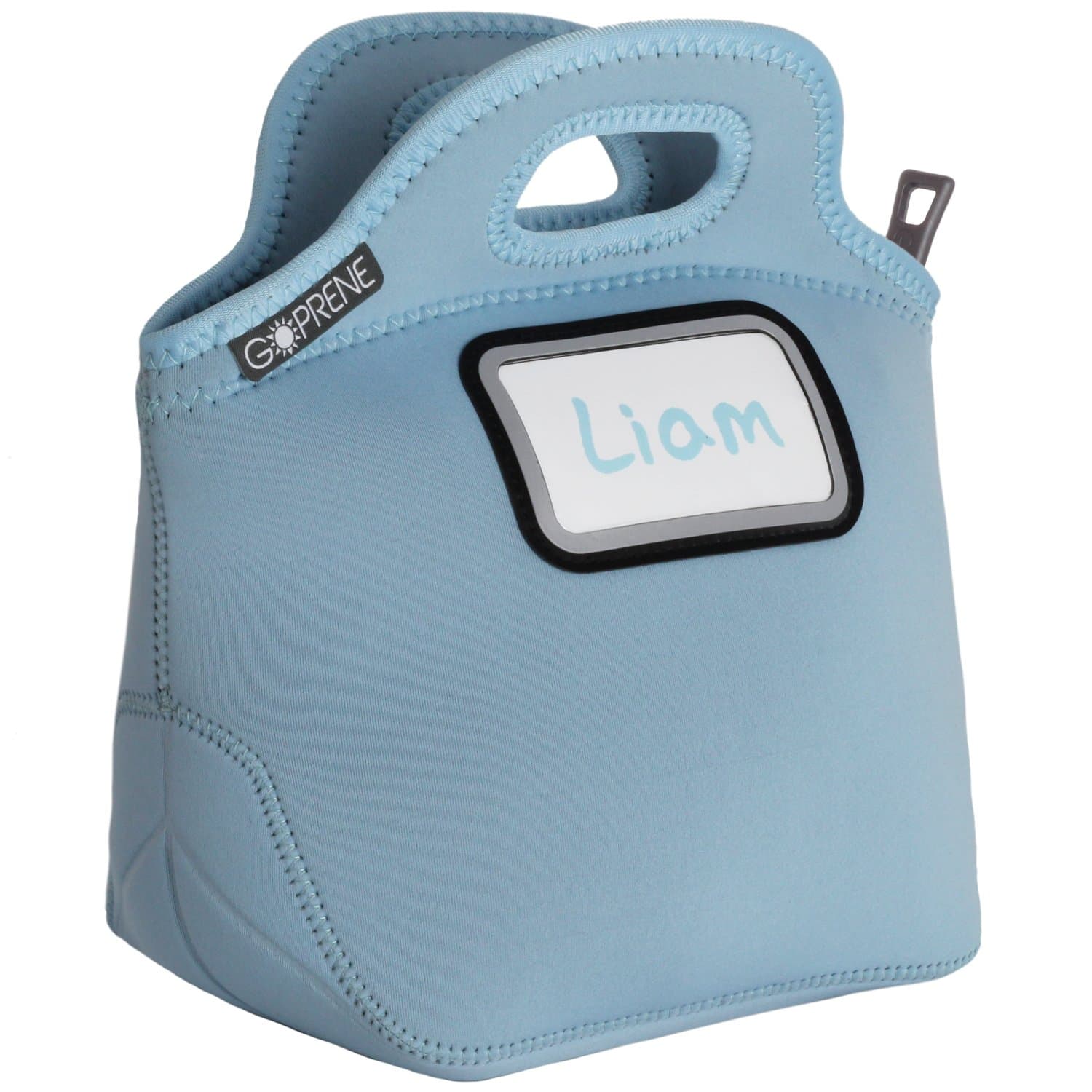 Identi Tote: Kids' Insulated Neoprene Lunch Bag with Reflective ID Card Pocket ~ Reusable, Foldable, Washable, Unisex, 11" High x 11" Wide x 6.5" Deep, BLUE + 3 Blank Name Cards by GOPRENE