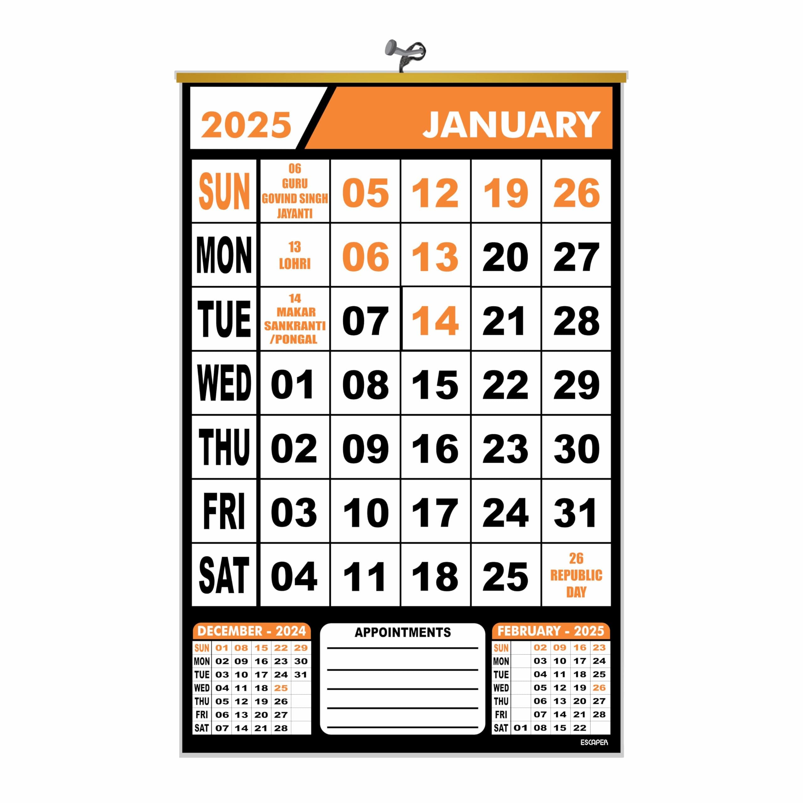 ESCAPER 2025 Wall Calendar Hanging for Home & Office Use, Office Wall Calendar 2025 Hanging, Home Wall Calendar Hanging, Indian Holidays Mentioned, Appointment Planning (Orange, 3 Qty)