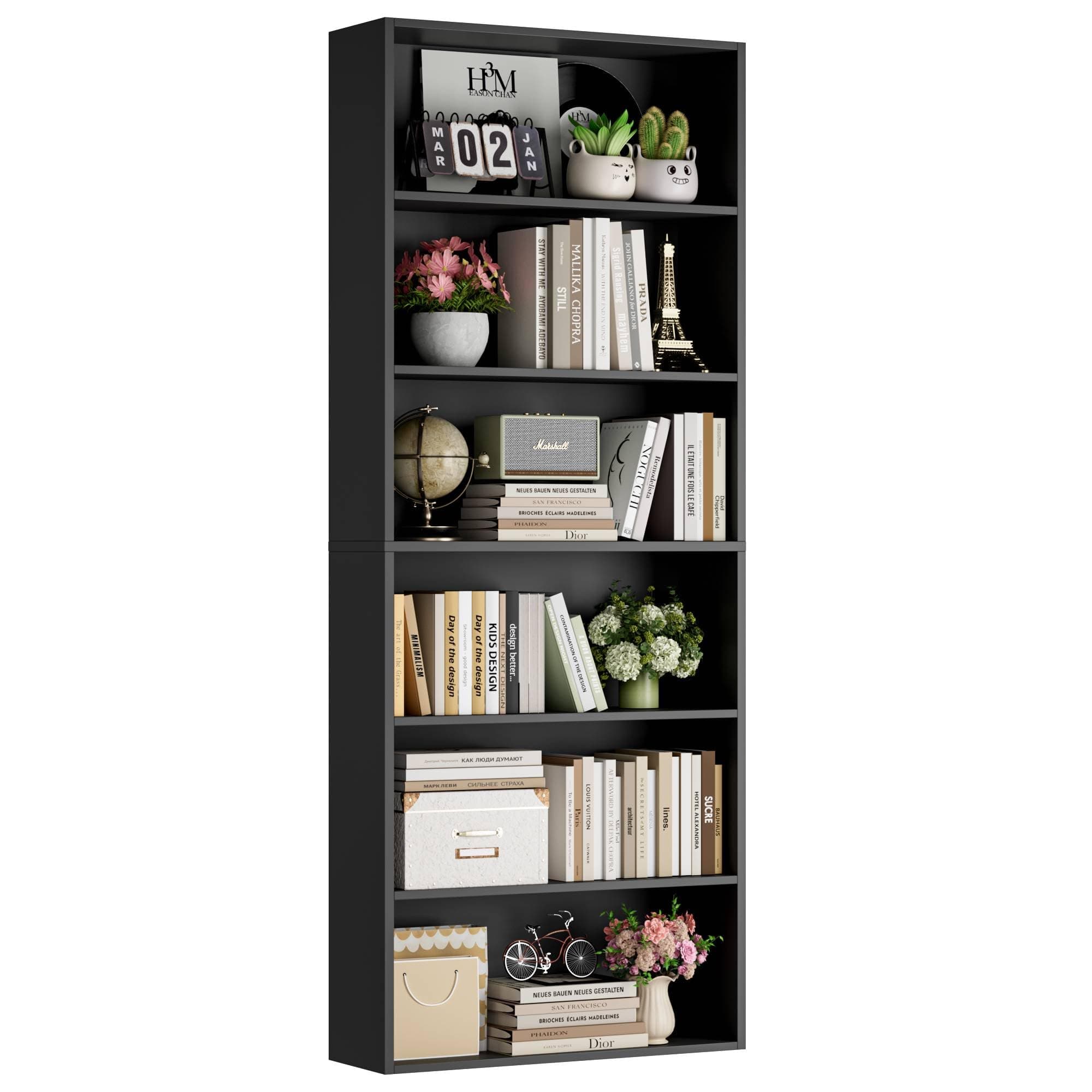 FOTOSOK 6-Tier Open Bookcase and Bookshelf, Freestanding Display Storage Shelves Tall Bookcase for Bedroom, Living Room and Office, Black