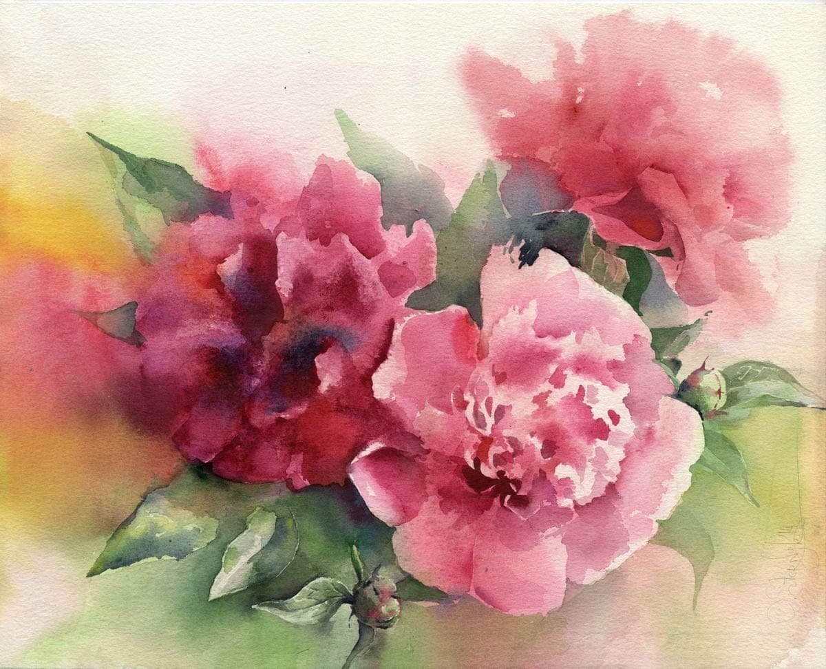 Fine Art Print of Autumn Peony Flowers Bouquet Watercolor Painting