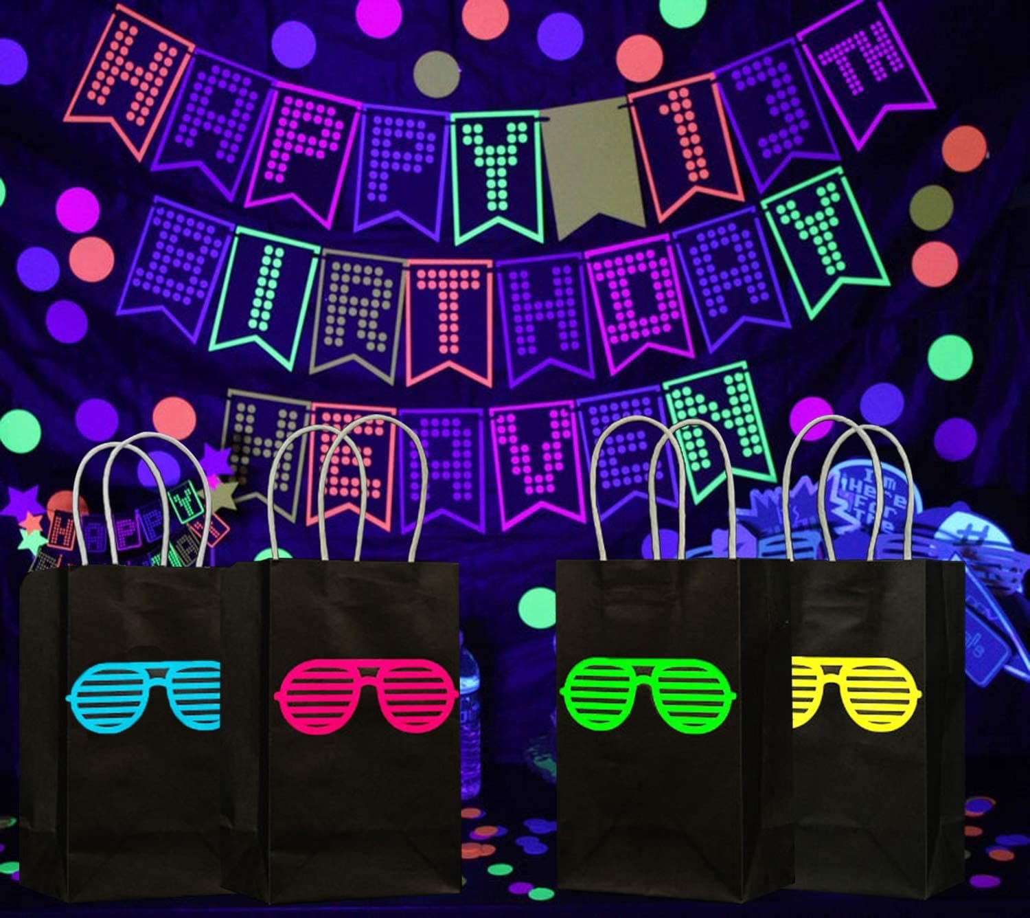 MISS FANTASYGlow in The Dark Party Bags, 12 Pcs Neon Gift Bags, 80s 90s Glow in The Dark Neon Gift Bags with handle Shutter Shade Glasses Goodie Candy Bags Glow in the Dark Neon Party Favors Bags