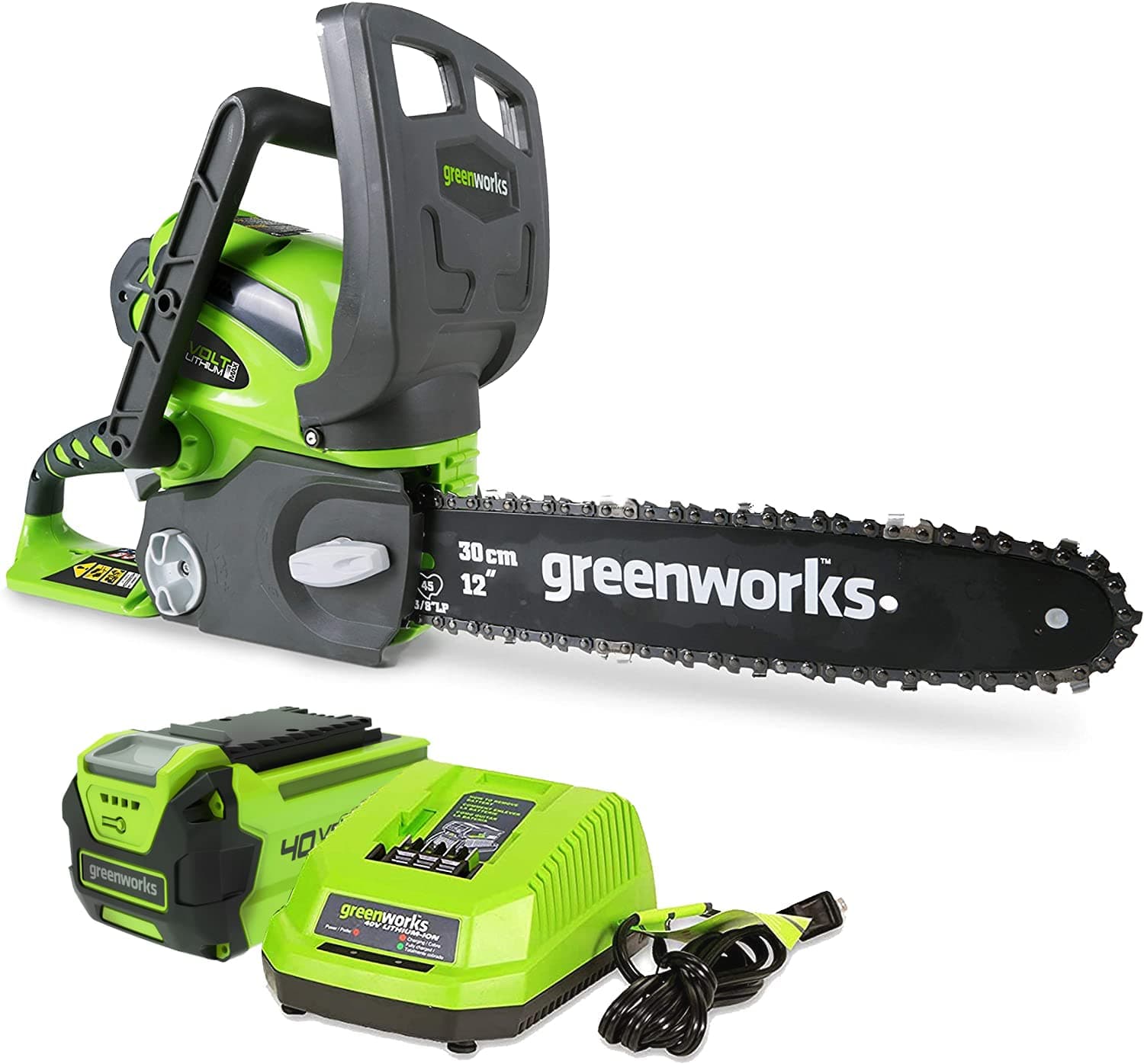 Greenworks 40V 12" Cordless Compact Chainsaw (Great for Storm Clean-Up, Pruning, and Camping), 2.0Ah Battery and Charger Included