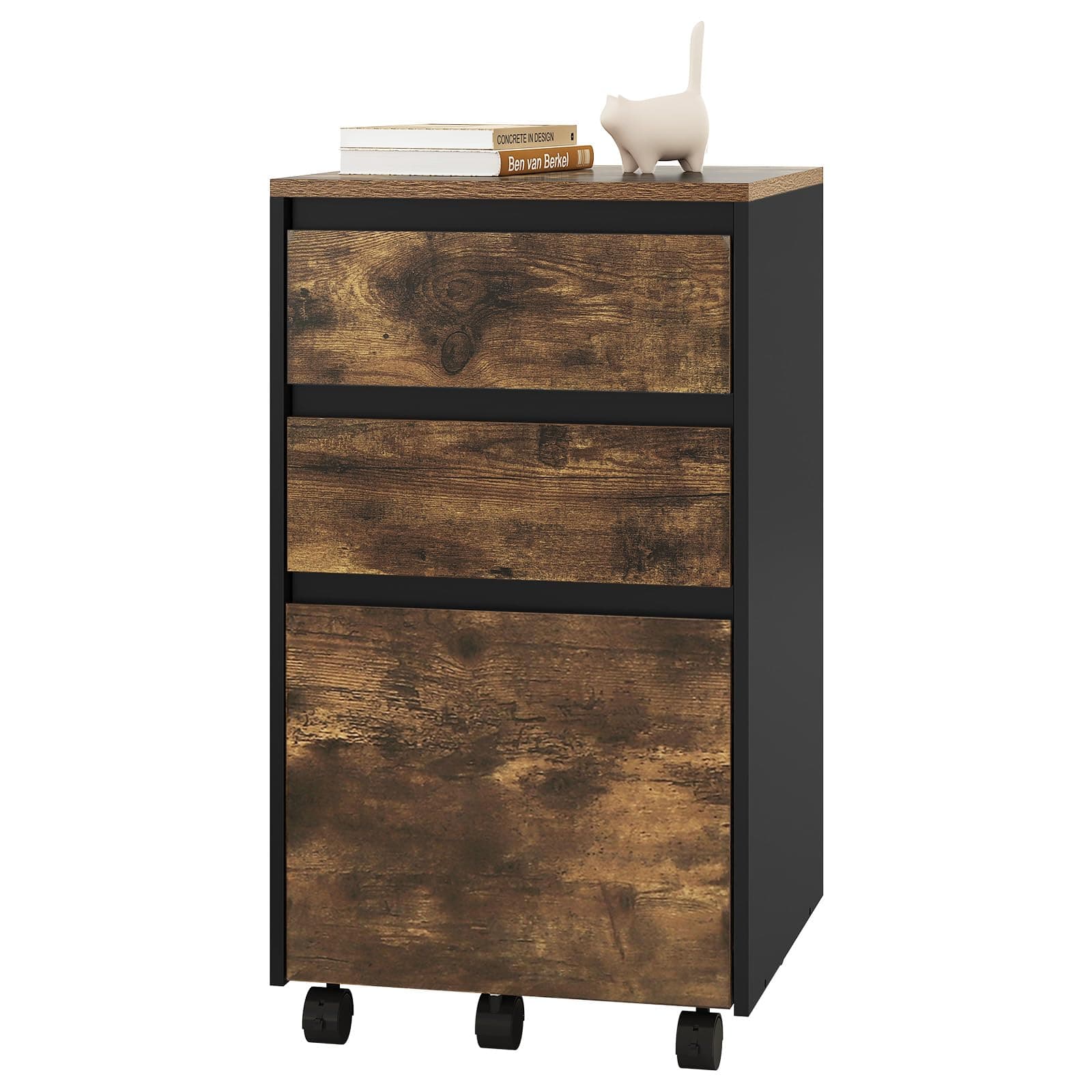 – WOLTU Mobile Filing Cabinet for Lever Arch Folders, Storage Cabinet in the Office, with Wheels, Rolling, with 3 Drawers, Dark Oak Black, 40 x 71.5 x 40 cm, ASK01hov