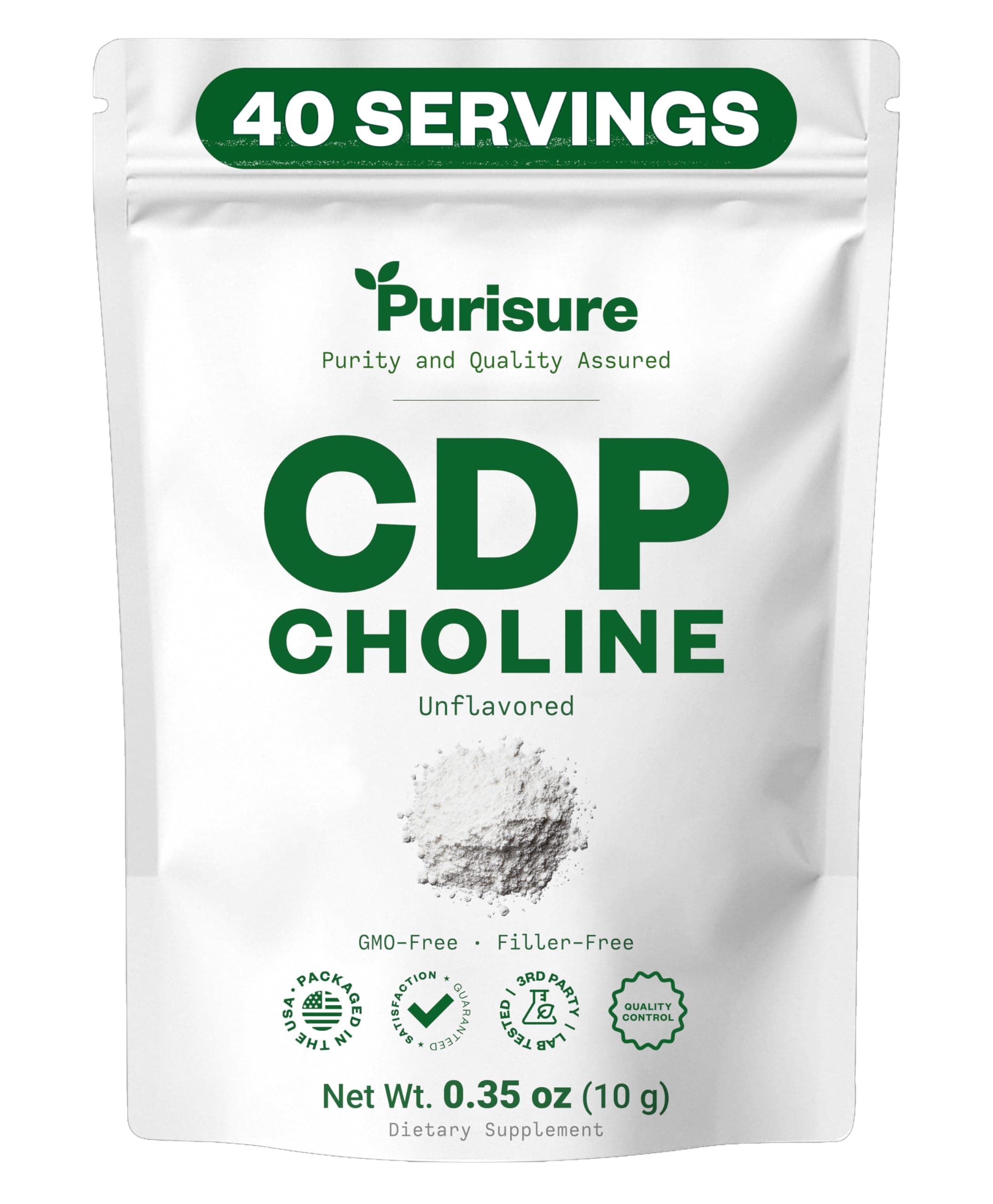 Purisure CDP Choline Powder, 10g, CDP Choline Supplements That Support Attention, Focus, and Energy, Citicoline Powder for Cognitive Function, Increases Motivation and Productivity, 40 Servings
