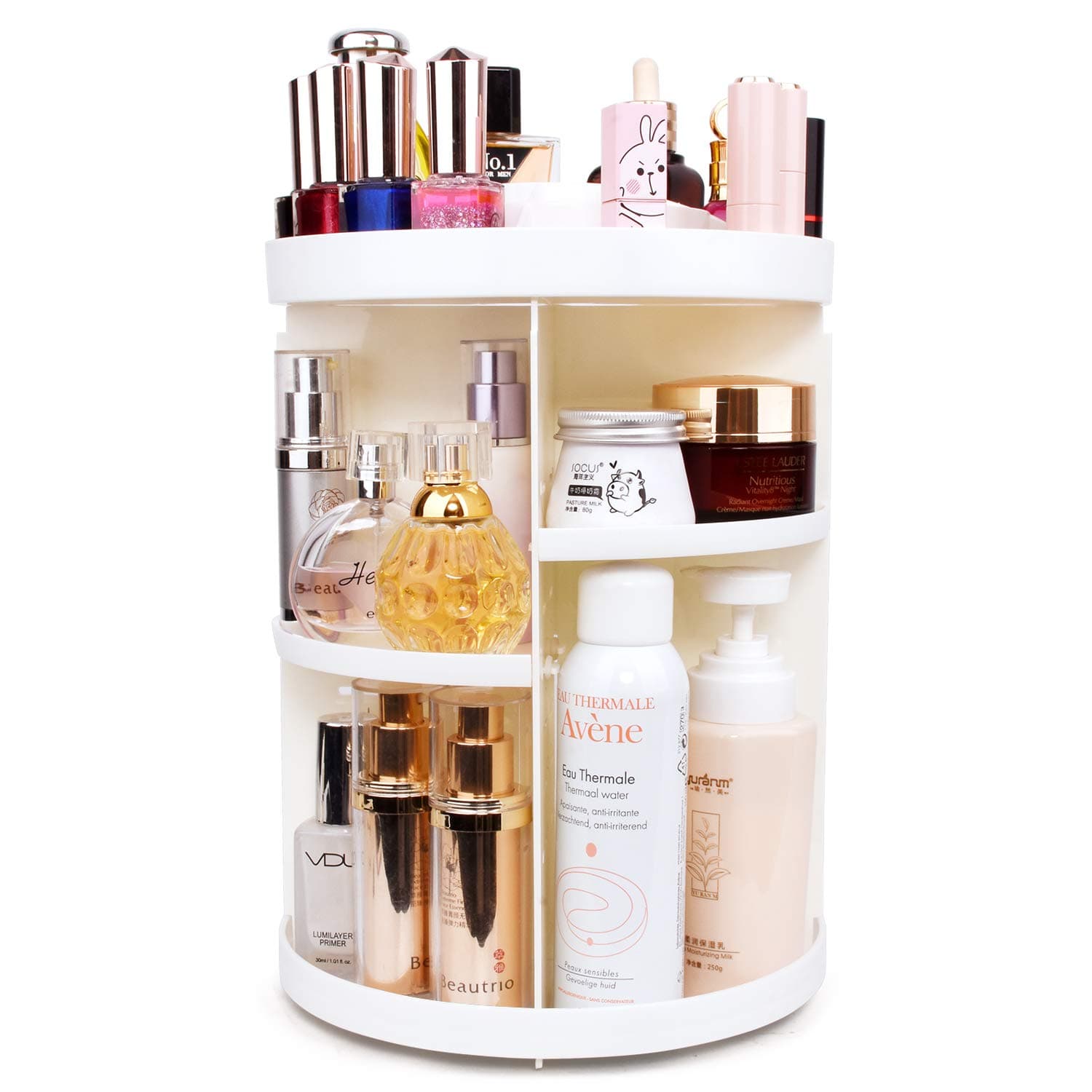 360 Degree Rotation Makeup Tower Organizer, Lazy Susan Cosmetics Storage Shelf Round Makeup Carousel Rotating Display Rack, Great for Countertop Bathroom counter, White