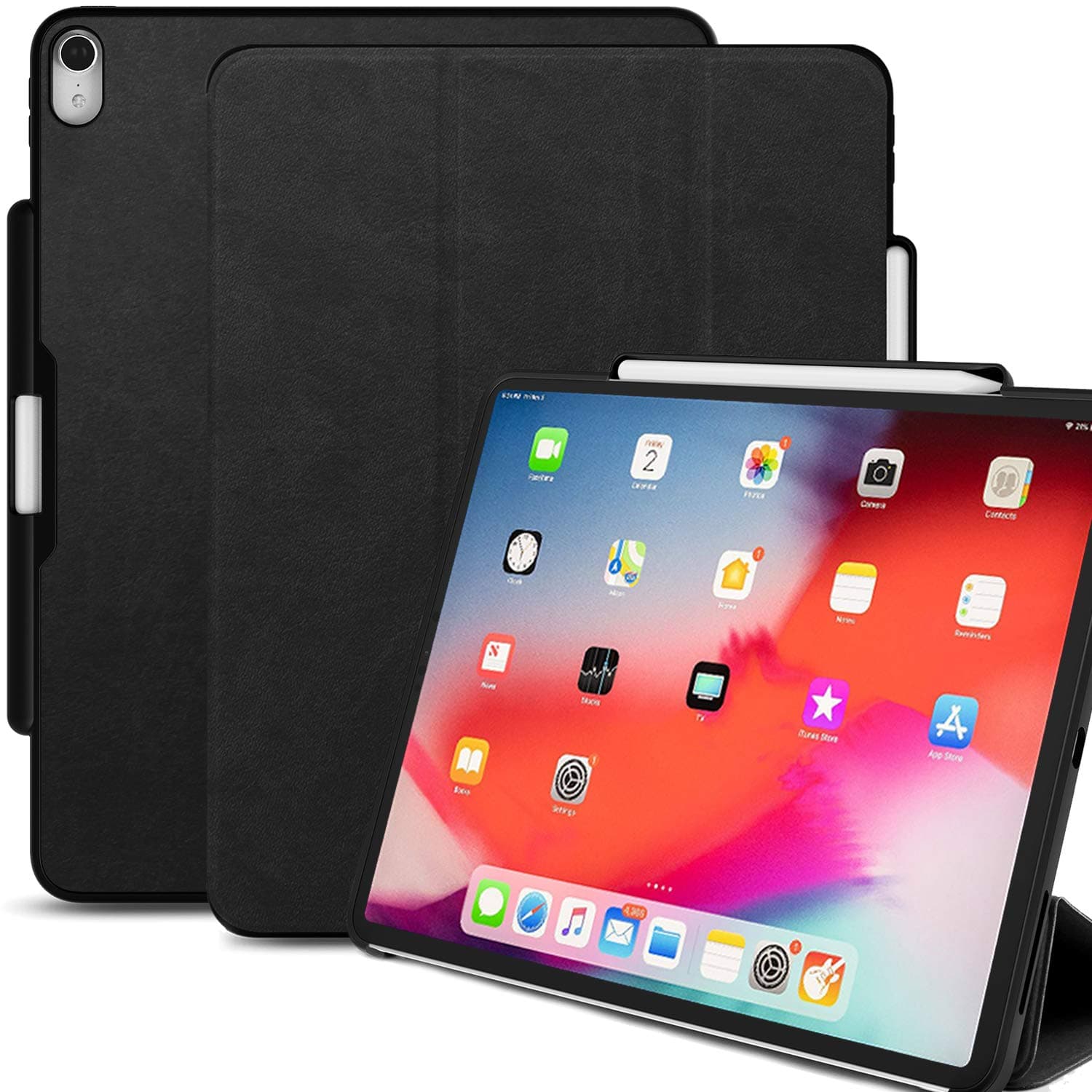 KHOMO iPad Pro 11 Inch Case with Pen Holder - Dual PU Leather Black Super Slim Cover - Support Pencil Charging