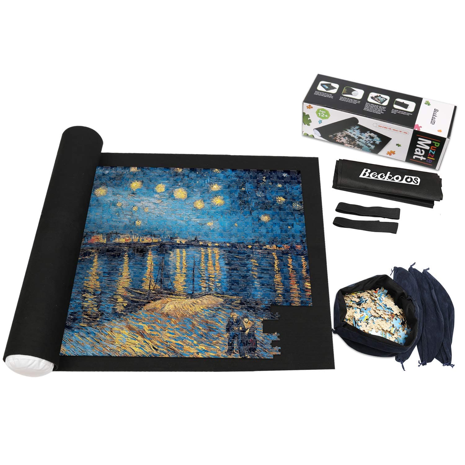 Becko Jigsaw Puzzle Roll-up Mat with 4 Sorting Pouches & Drawstring Storage Bag, Puzzle Storage Felt Mat for up to 1,500 Pieces, Environmentally Friendly Materials, for Jigsaw Puzzle Players