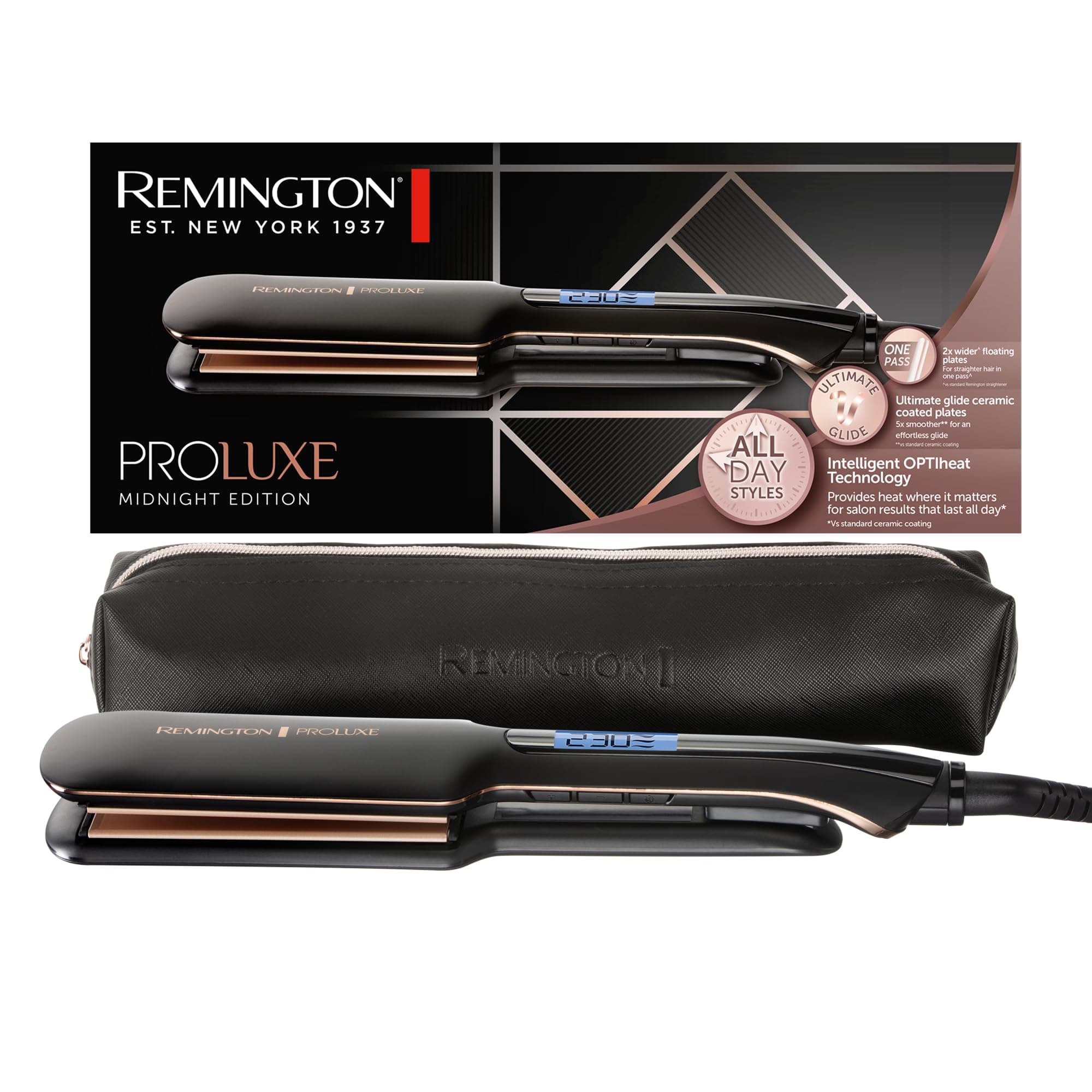 Remington Proluxe Straightener [Extra Wide Ceramic Styling Plates, 110 x 50 mm] (OPTIheat Technology, Pro+ Setting for Gentle Styling, Digital Display, Quick Heating) Hair Straightener S9150B
