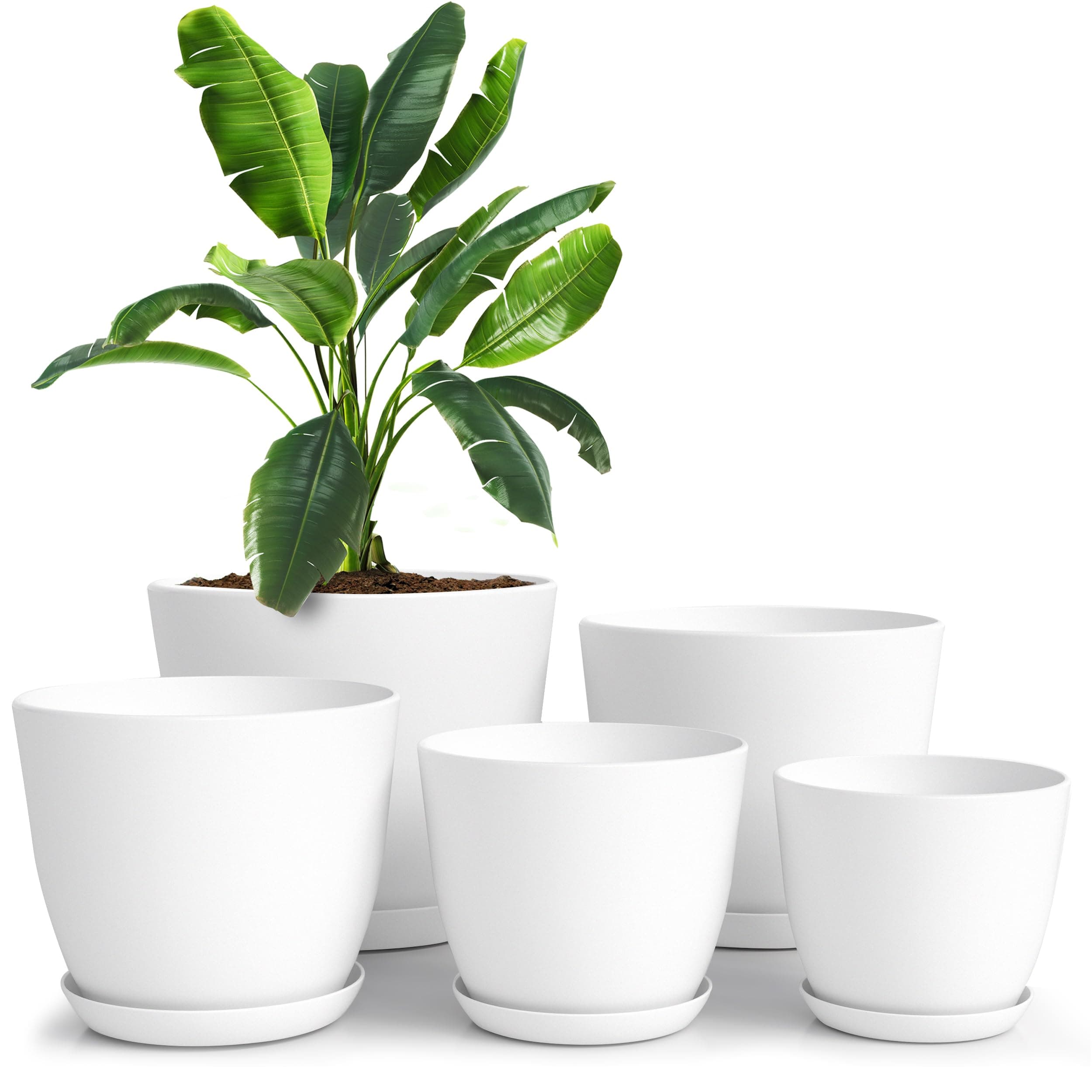 Utopia Home Plastic Planters White, Flower Nursery Pots Indoor Modern Decorative Plastic Pots for Plants, Succulents, Flowers, and Cactus 5 Pack, Multisize