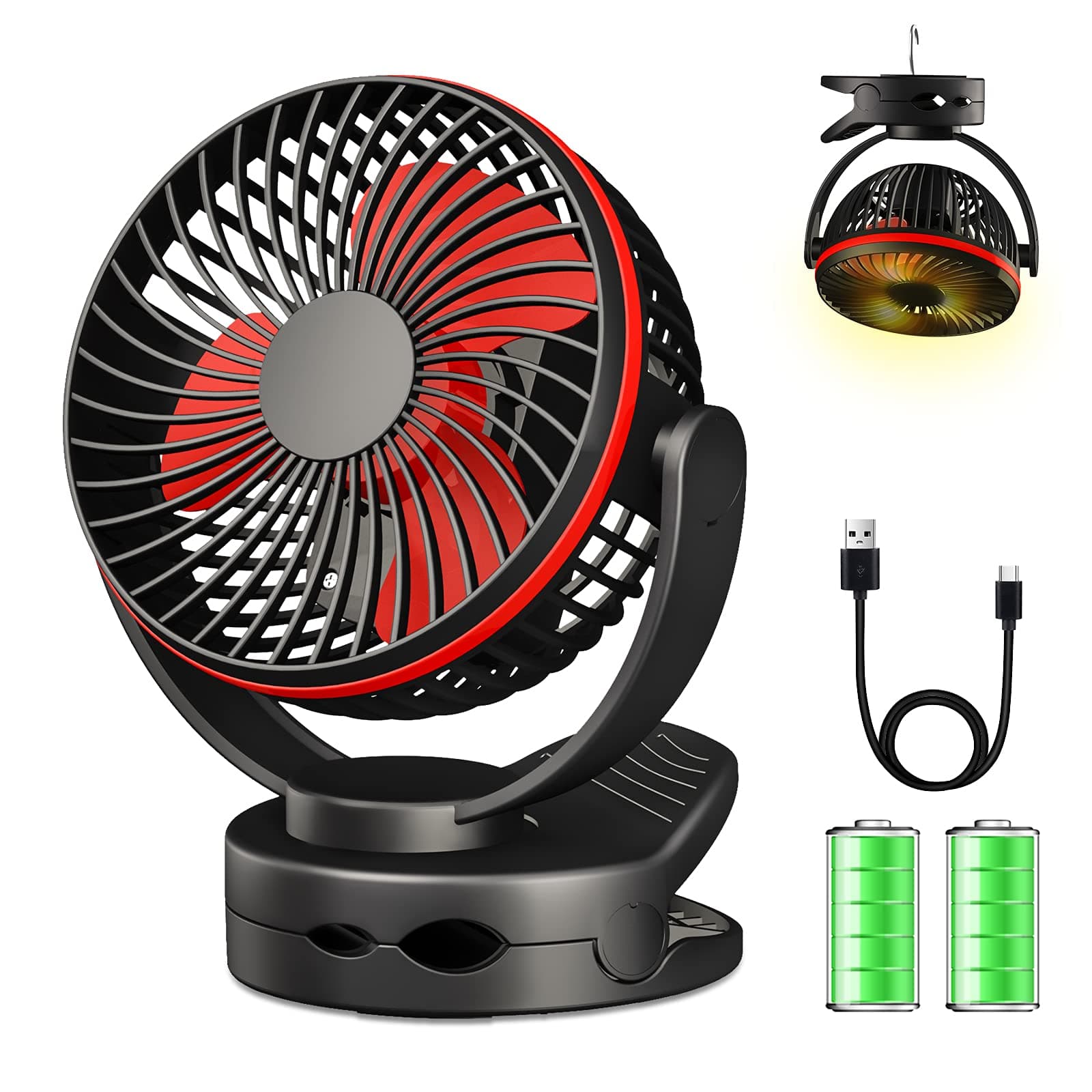 Clip On Mini Desk Fan - Battery Operated, Ultra Quiet 4-Speed With Warm Night Light, 3600mAh USB Rechargeable for Baby Stroller, Home Office, Buggy, Outdoor Camping