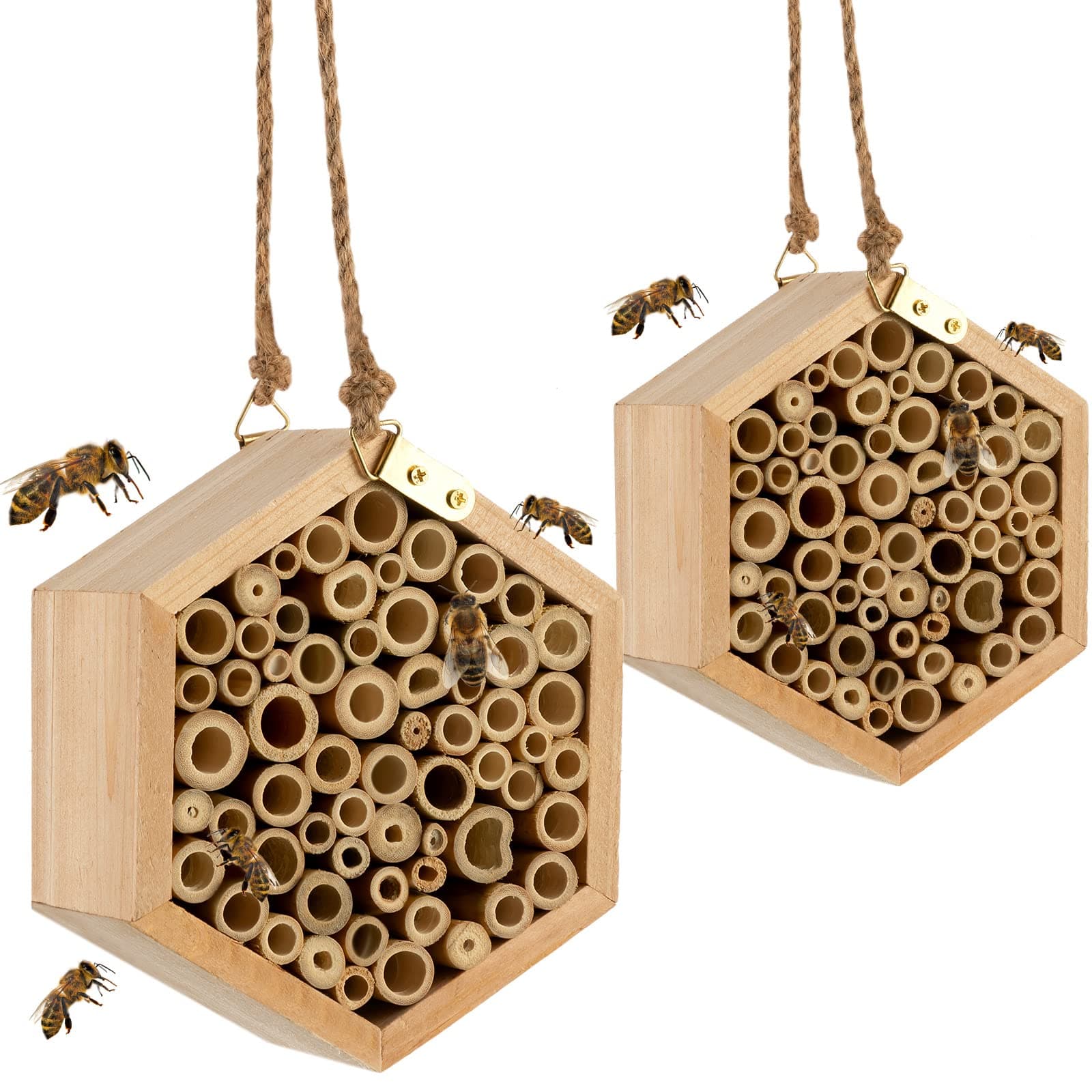 Mason Bee House Handmade Bee Hive Hexagon Bee Hives Boxes Natural Wooden Mason Bee Nest with Bamboo Tubes Garden Supplies for Garden Lovers to Attract Peaceful Bee Pollinators (2 Packs)