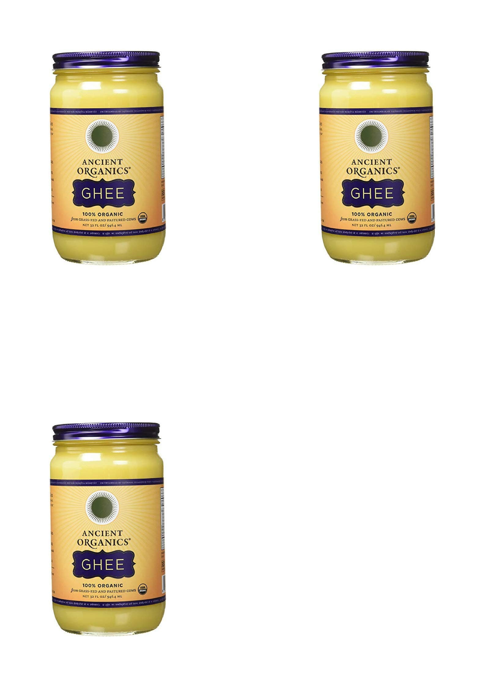 ANCIENT ORGANICS 100% Organic Ghee from Grass-fed Cows, 32oz (3 pack)