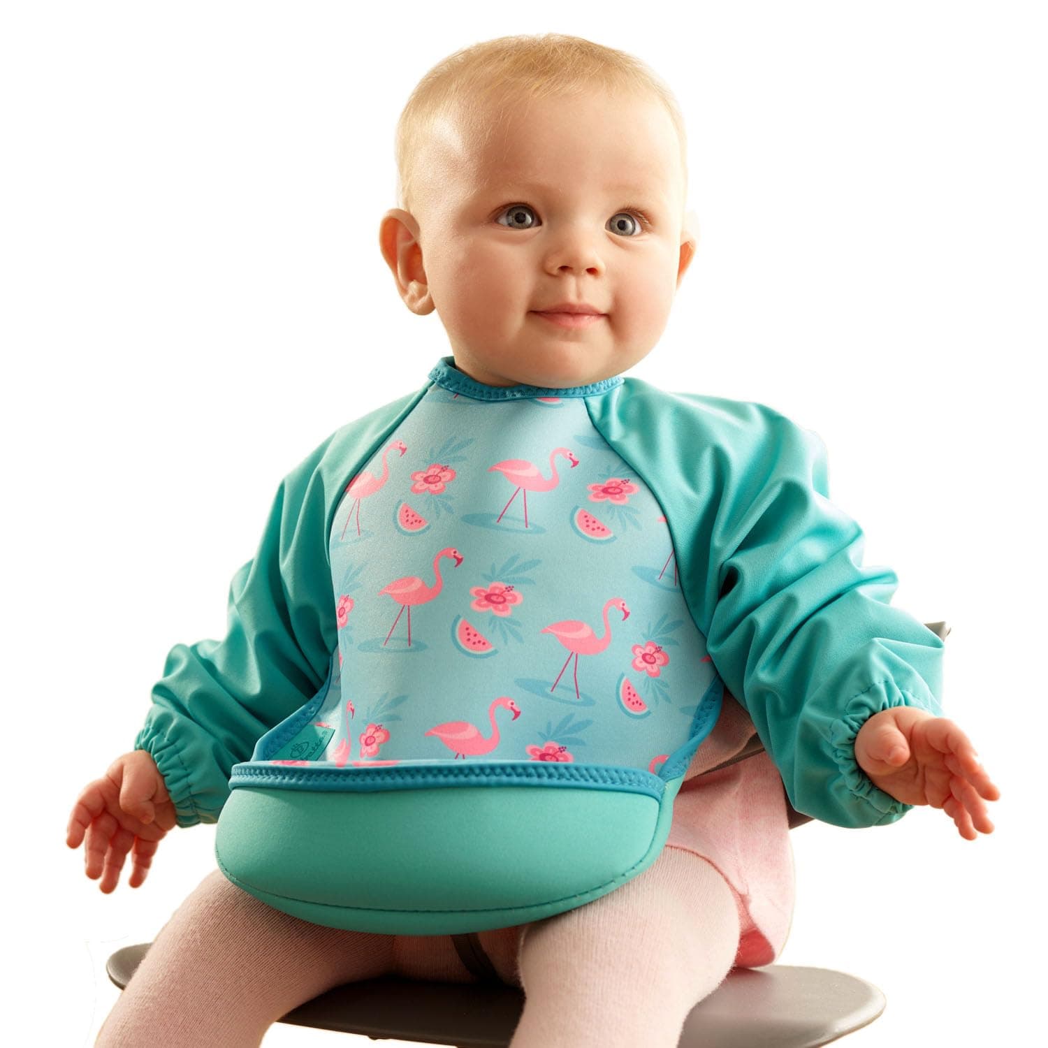 Ultrabib - Weaning bib with sleeves - Premium Neoprene for Comfort - Waterproof Baby bibs with Crumb Catcher Pocket for Feeding Toddler & Babies - Roll Up and Machine Washable (Flamingos)