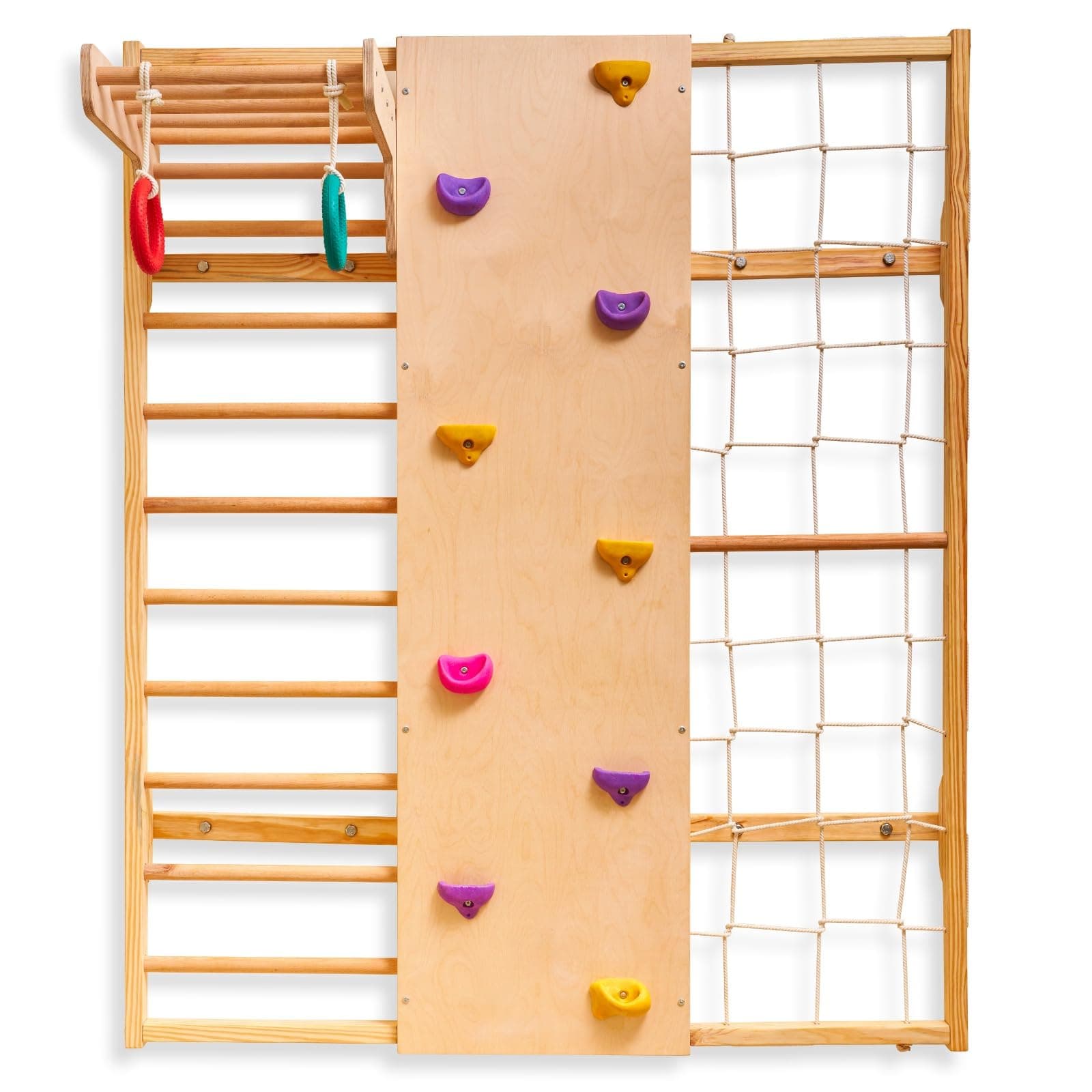 Curious Cub Wall Mounted Jungle Gym Set for Kids | Indoor Climbing Toy for Toddlers with Net Climbing, Ladder, Rock Climbing Wall, Monkey Bar & Gymnastic Rings | Exciting Gym Playset for Kids 2-9 yrs