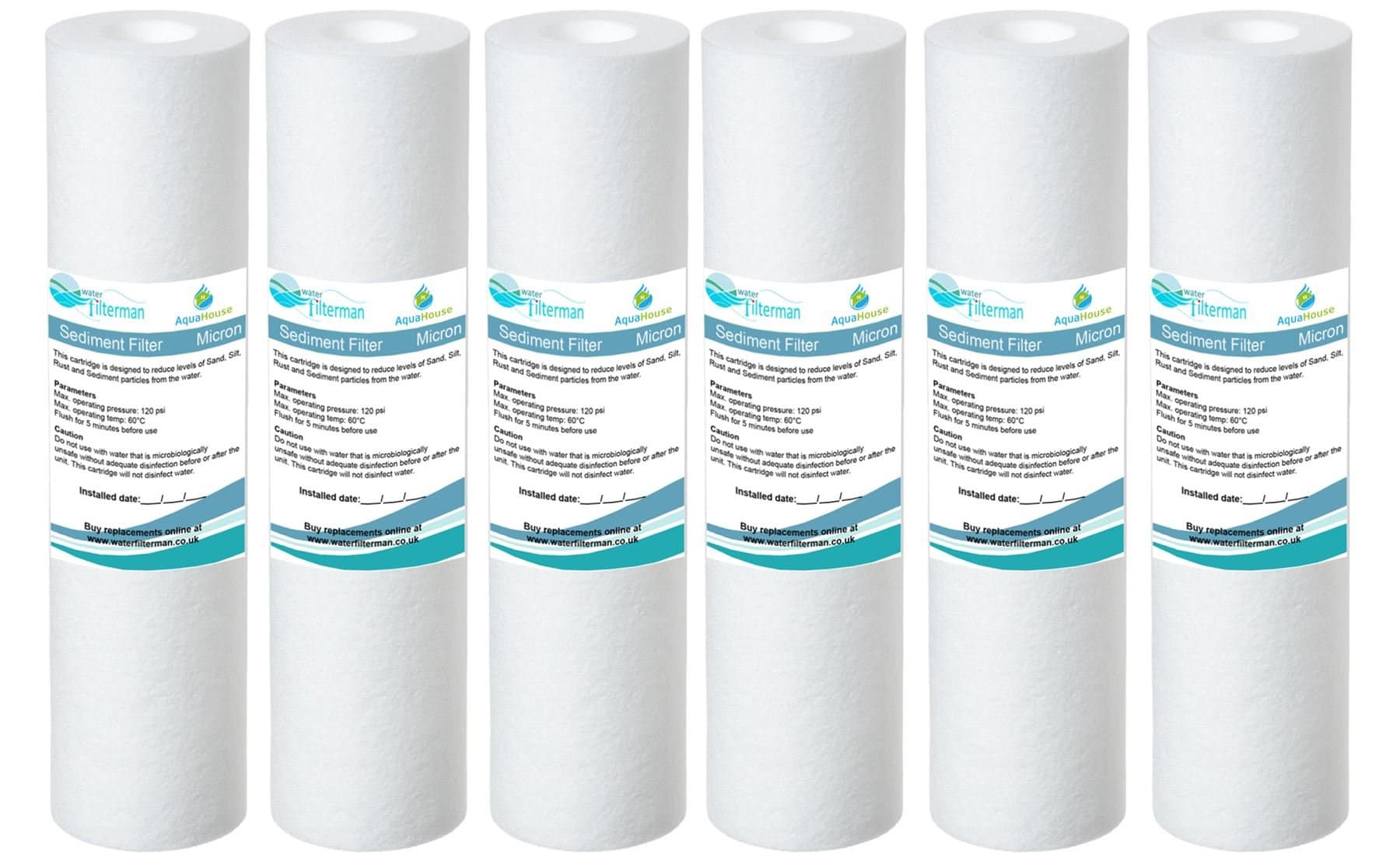 6X AquaHouse 10" Sediment Water Filter Cartridge for Reverse Osmosis, Water fed Pole & Partictle Filtration, fits Standard 10" Filter housings - 5 Micron