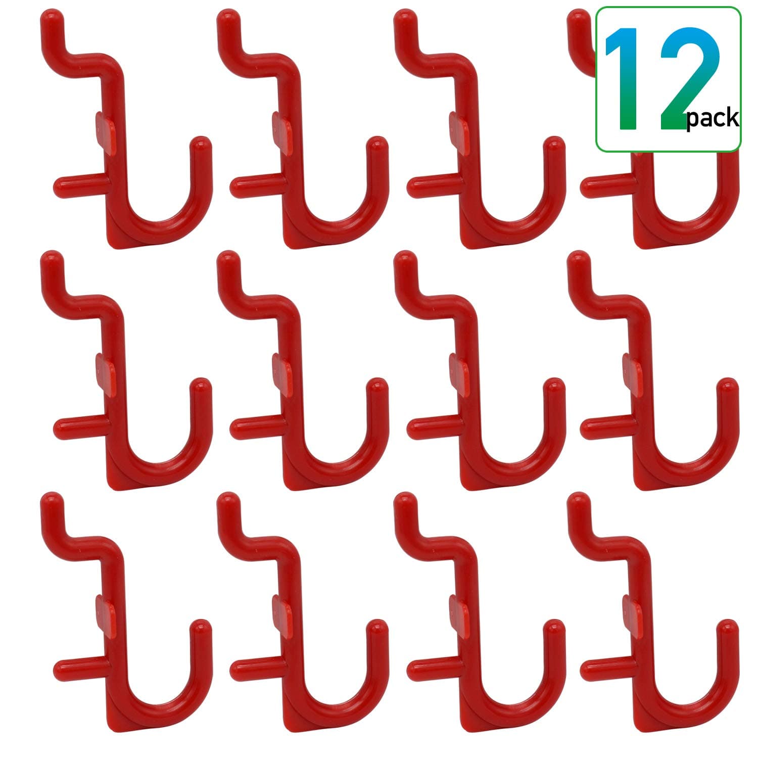 Pegboard Hooks - 12 pk J Style for Peg Board Tool Organizer Peg Hook Accessories Red Color (12 PK, Red)