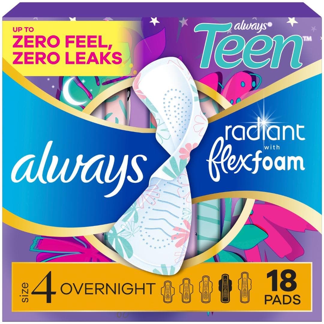 Always Radiant Teen Pads Size 4 Overnight with Wings Odourless 18CT