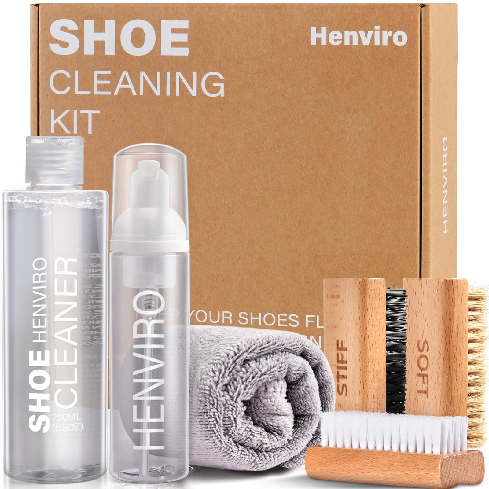 HenviroHenviro Sneaker Cleaning Kit - 8.5 Oz with Brushes & Towel, Suede & White Shoe Cleaner for Most Materials