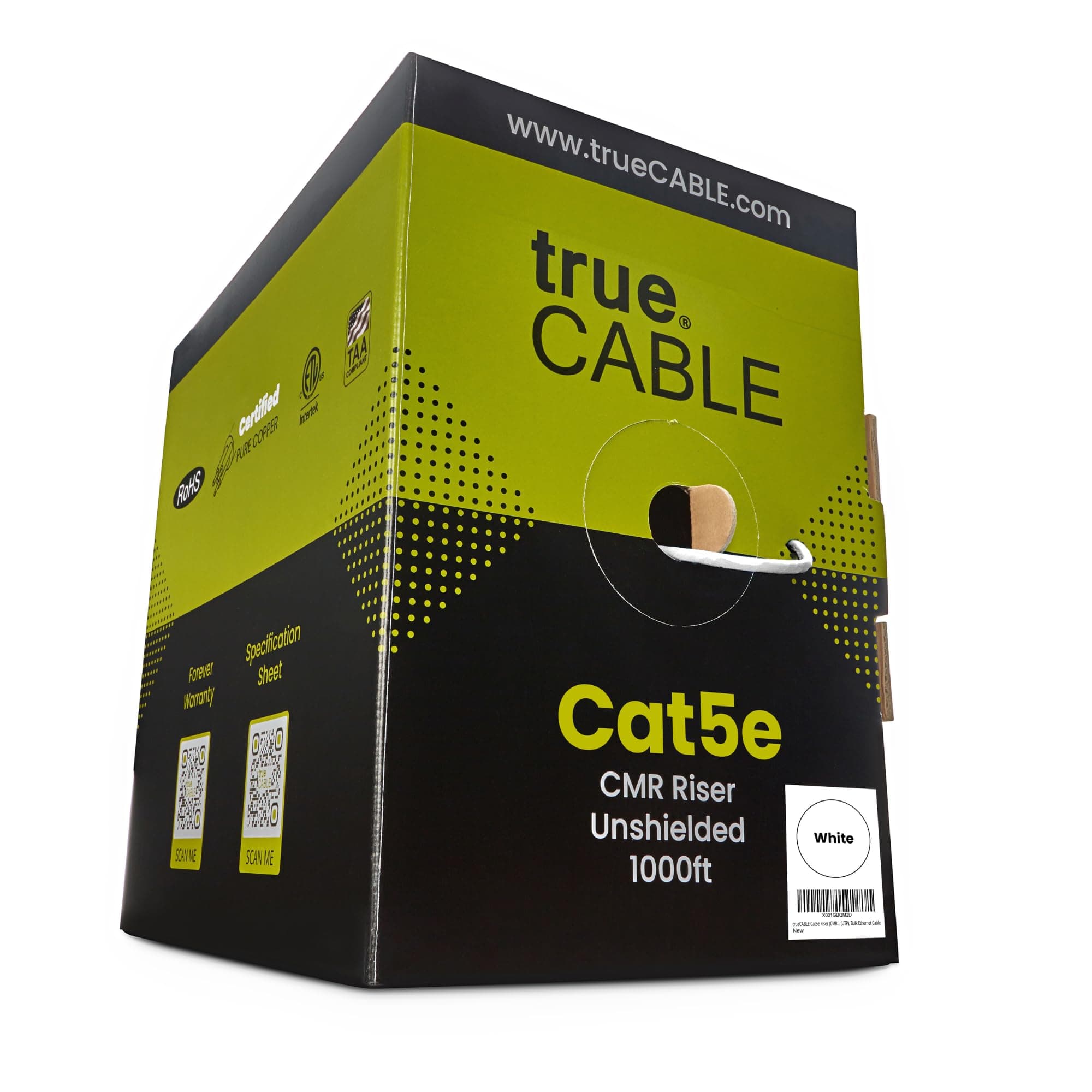 trueCABLE Cat5e Riser (CMR), 1000ft, White, 24AWG 4 Pair Solid Bare Copper, 350MHz, PoE++ (4PPoE), ETL Listed, Unshielded Twisted Pair (UTP), Bulk Ethernet Cable