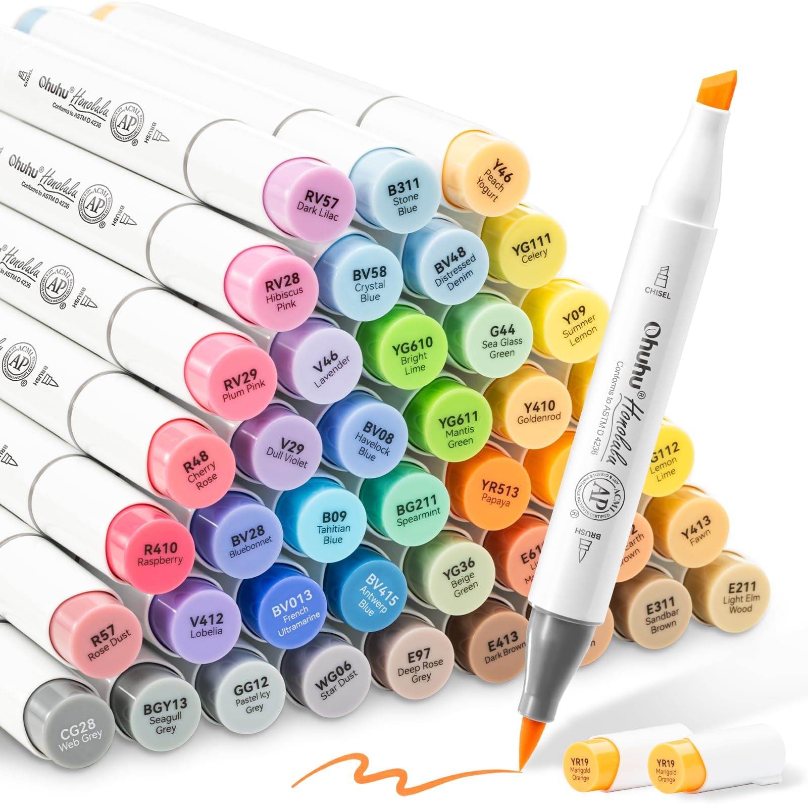 Alcohol Brush Markers 48 Mid-tone Colors - AP Certificated Double Tipped Alcohol Based Art Marker Set for Artist Adults Coloring Illustration - Honolulu Brush & Chisel Dual Tips - Refillable