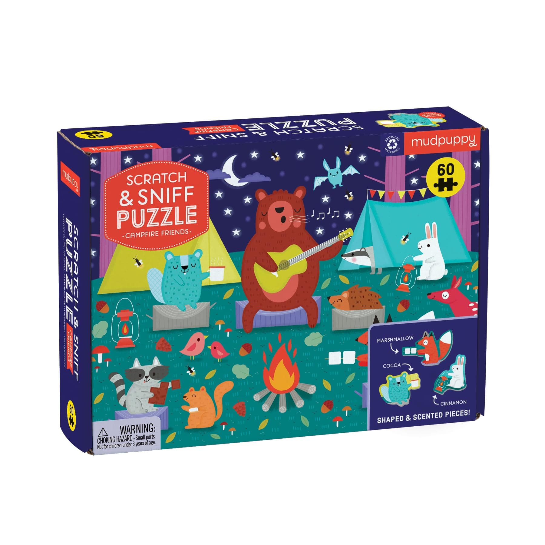 Campfire Friends Scratch and Sniff Puzzle from Mudpuppy - 60 Piece Jigsaw Puzzle with 6 Shaped Pieces, Features Colorful Illustrations, 3 Campfire Scents, Ages 4+
