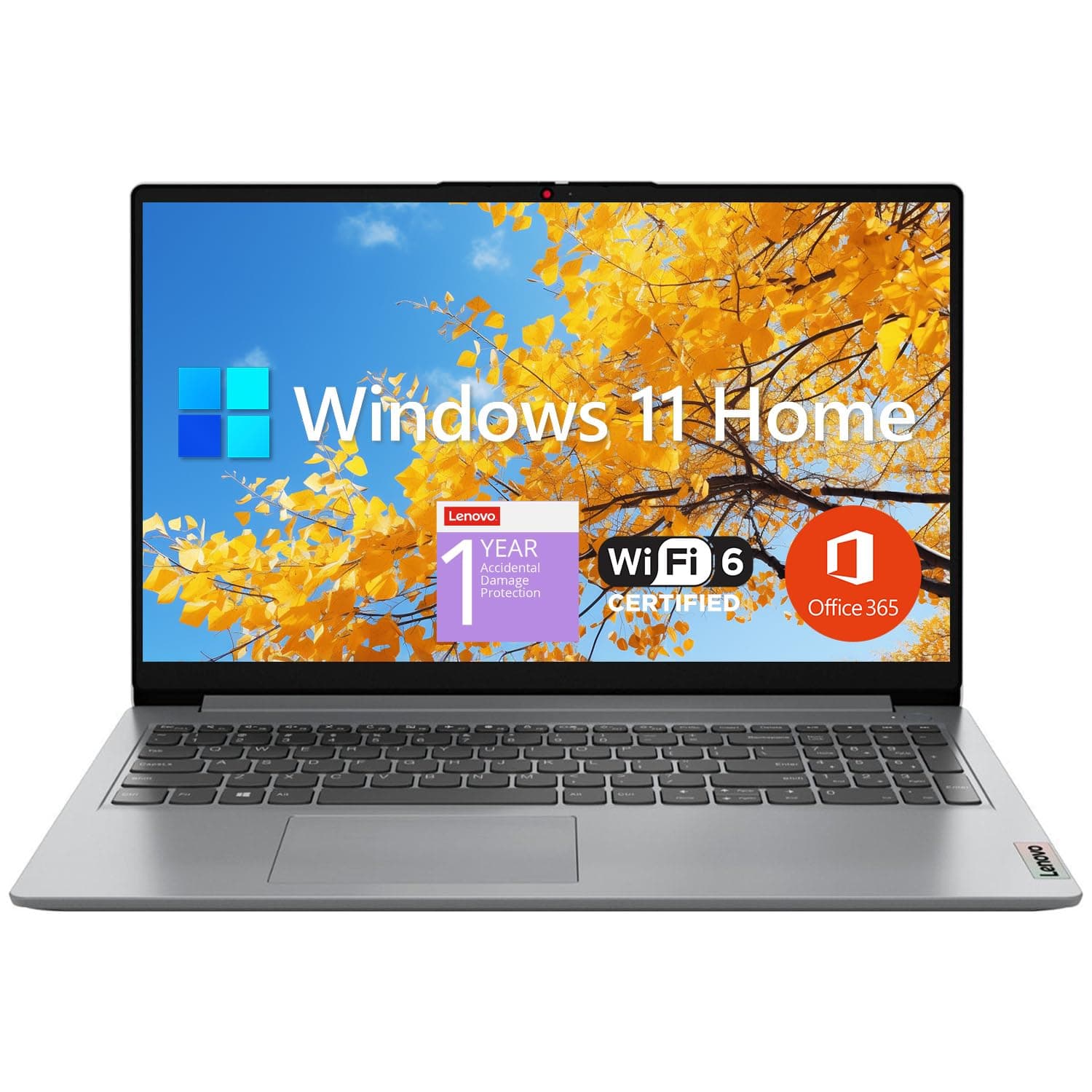 Lenovo IdeaPad 1 Student Laptop 15.6" FHD Display, Intel Dual Core Processor, 12GB RAM, 256GB SSD + 128GB eMMC, 1 Year Office 365, Wi-Fi 6, SD Card Reader, W11H, Gray, ADP 1 Year Add
