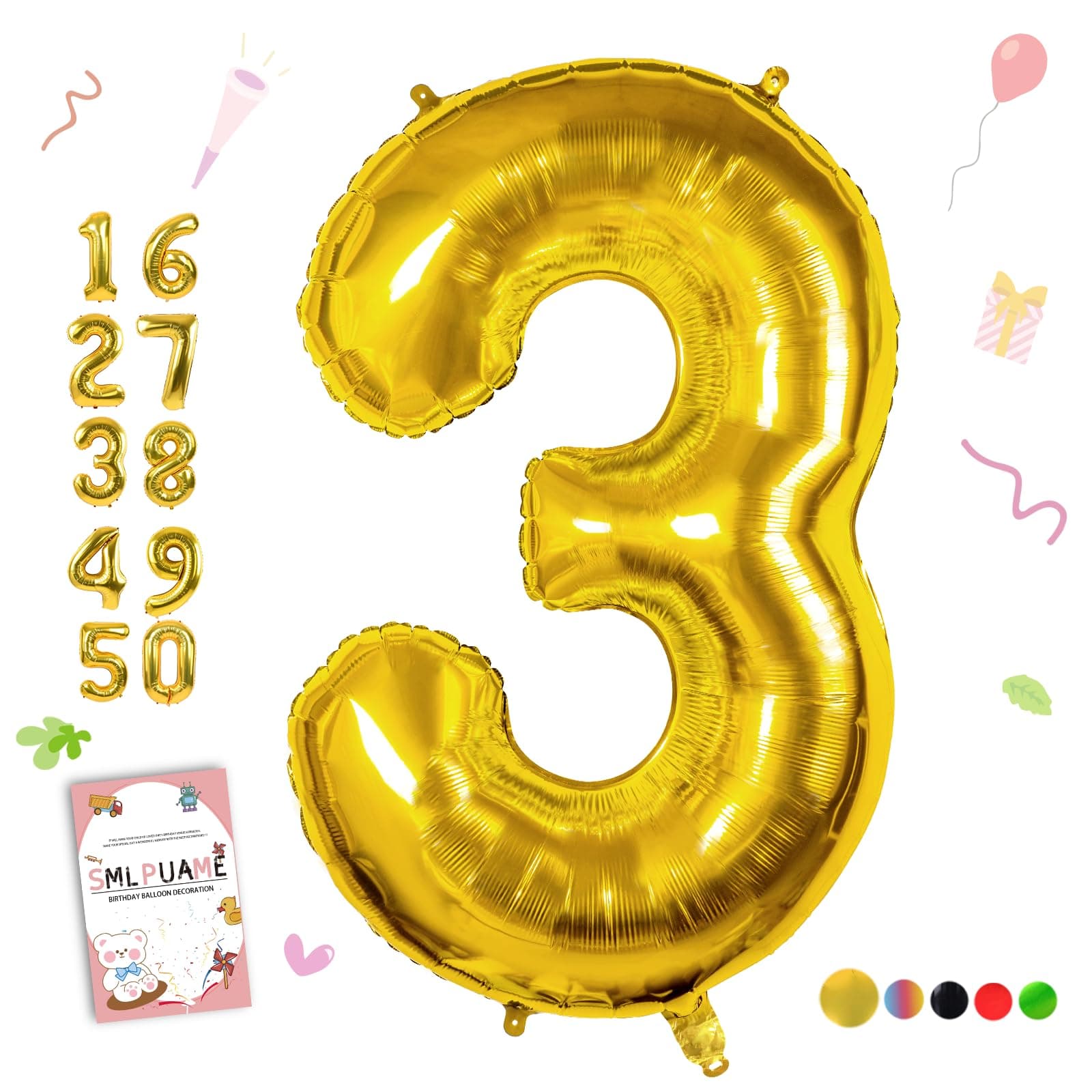 Smlpuame Gold Number 3 Balloons, 40 Inch Large Foil Balloon 0-9 Helium Digital Balloons, Self Inflating Number Balloon for 3th Birthday Party Celebration Decorations Supplies Wedding Anniversary