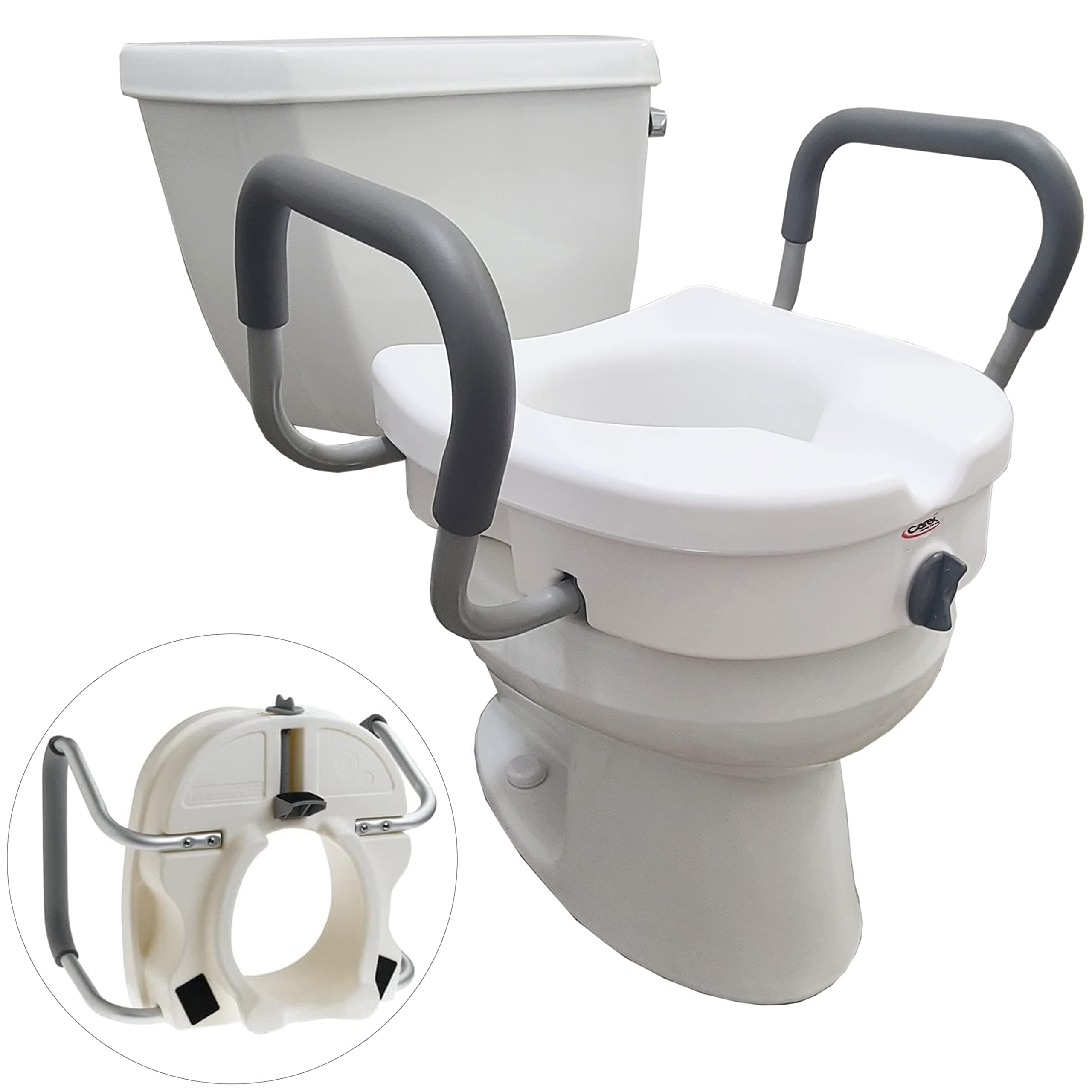 E-Z Lock Toilet Seat and Safety Frame Combo Pack, 5-Inch Height Lift Seat Riser for Elderly and Handicap, Commode Chair For Elderly - Fits and Locks to Round or Elongated Toilets