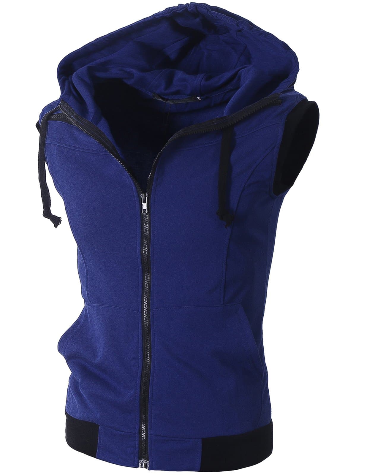 Lende Mens Active Casual Color Blocks Sleeveless Hoodie Zip-up (S, Blue)