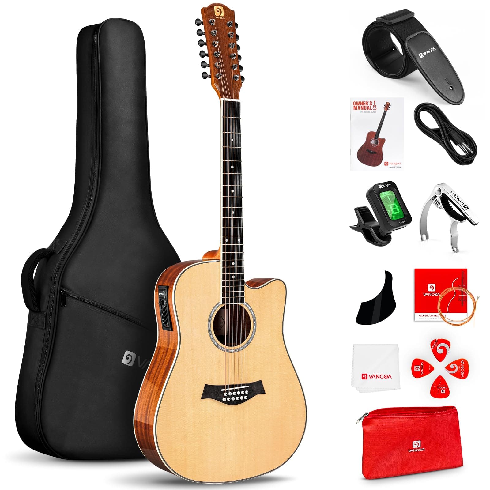 Vangoa 12 String Guitar, Acoustic Electric Guitar 12 Strings, Spruce Top, Sapele Body, Bone Nut, Natural, Gloss