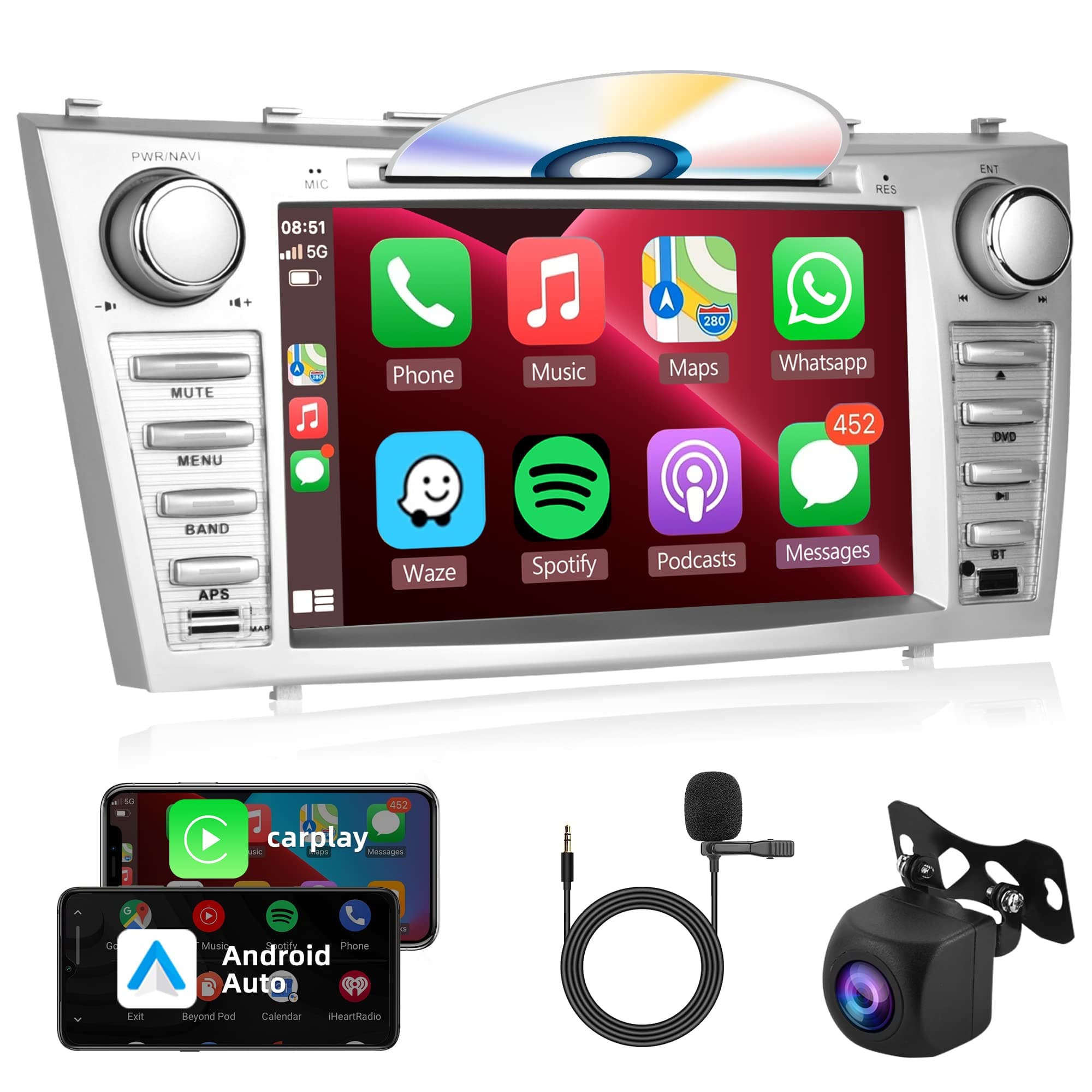 Car Radio For Toyota Camry 2006-2011 with DVD CD, 8 inch Touch Screen CD Player Car Stereo with Bluetooth FM Mirror Link + Backup Camera