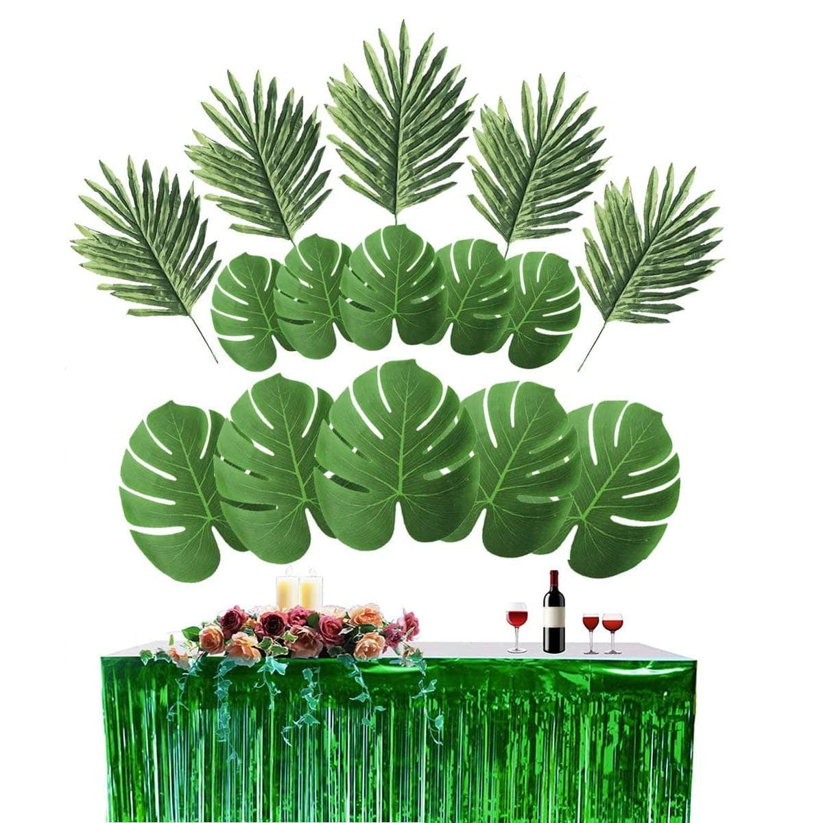 Xunlong 274cm*74cm Foil Fringe Table Skirt with 36 Pcs Artificial Palm Monstera Tropical Leaves for Hawaiian Luau Party, Tiki Aloha Jungle Moana BeachTheme Birthday Table Decorations