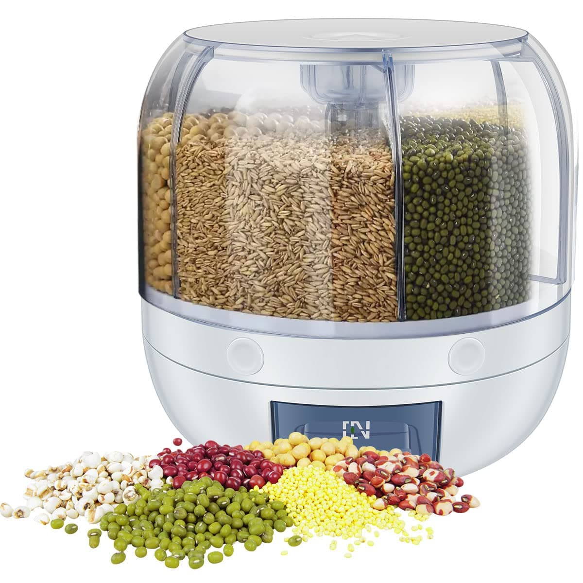 willkey 6-Grid Round Food Dispenser Dry Rice Box 360 Degree Rotating Grain Container Multi-Grid Plastic Sealed with Lid for Kitchen (3KG)