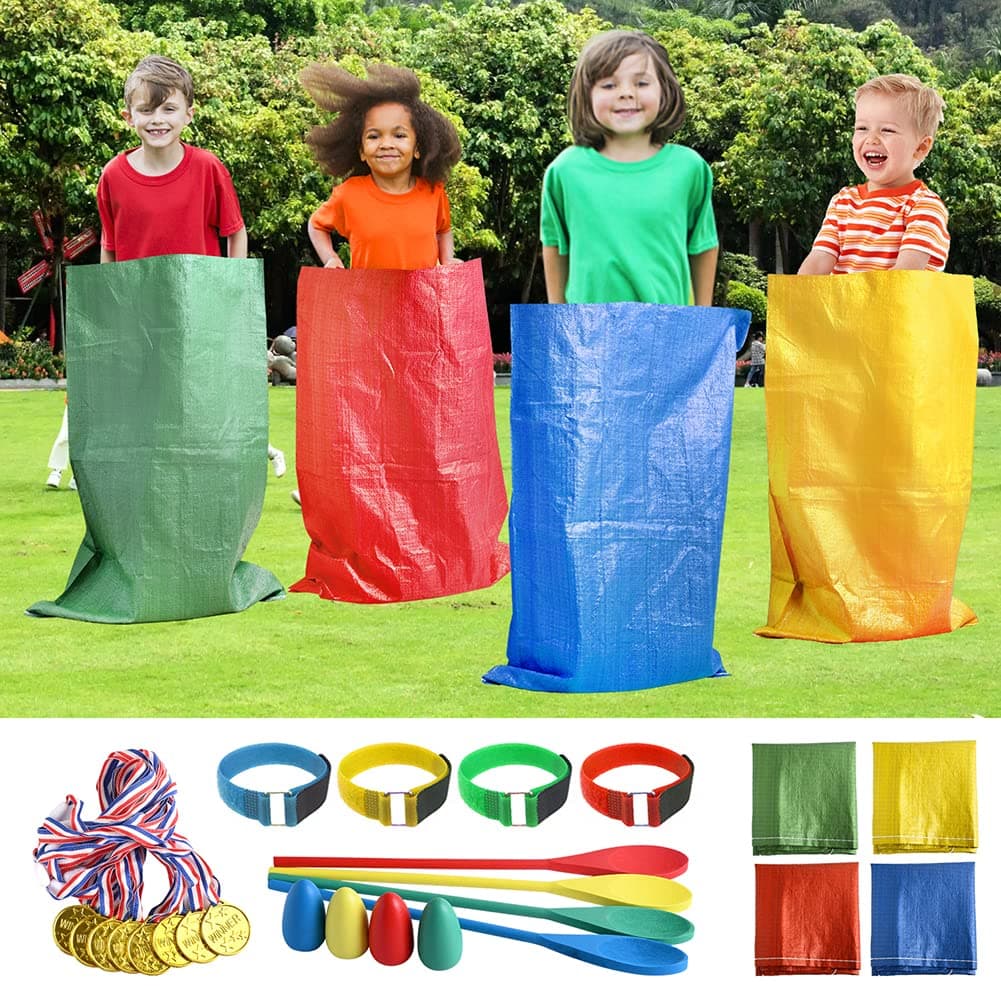Abnaok 20PCS Outdoor Games Potato Sack Race Bag, 3-Legged Race Bands, with Egg and Spoon Race Lawn Games for Outside Backyard Field Day Birthday Party Games for Kids and Adults.