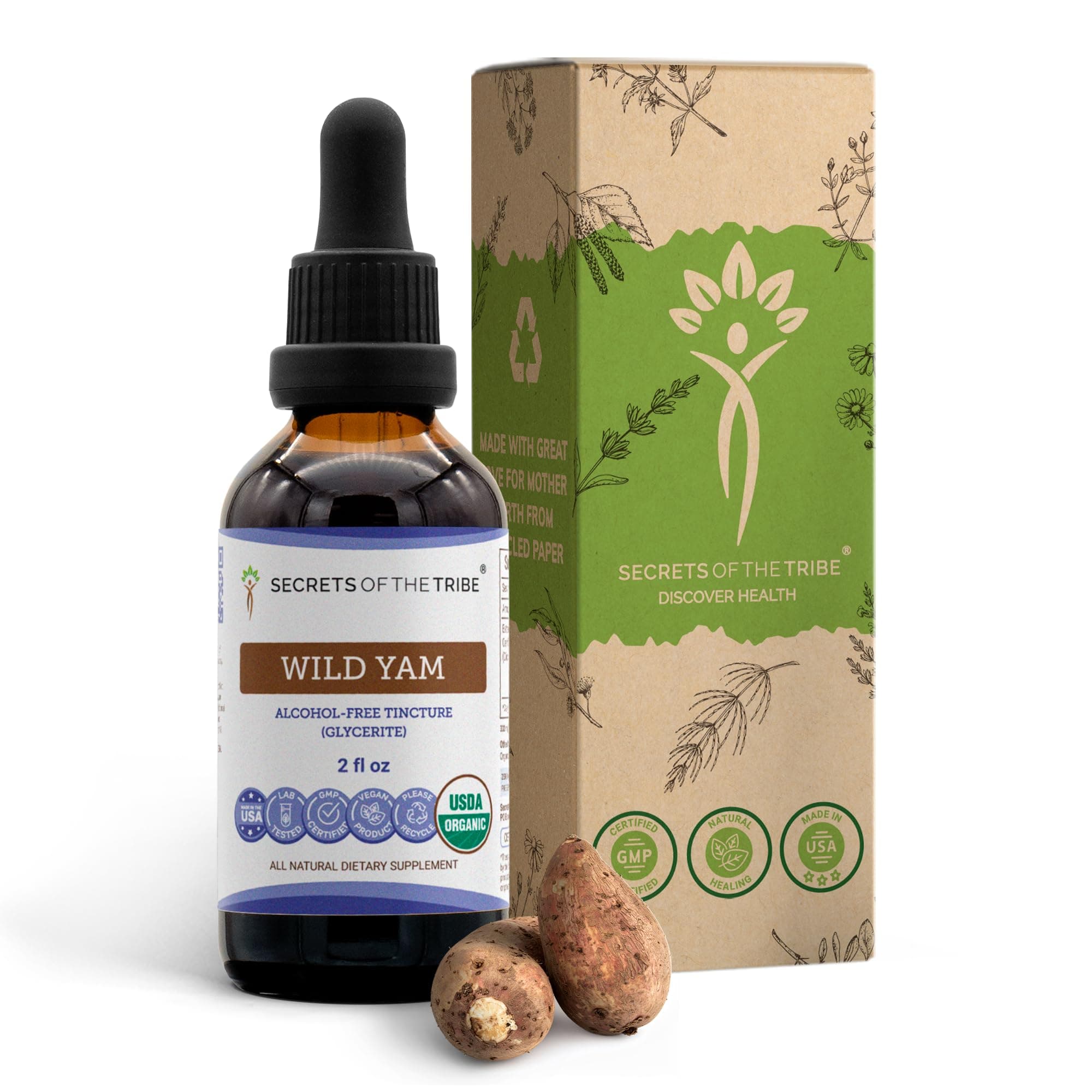 Secrets of the Tribe Wild Yam Alcohol-Free USDA Organic Tincture (Glycerite) 695 mg Responsibly farmed Wild Yam (Dioscorea Villosa) Dried Root (2 Fl Oz) Hormone Support Supplement