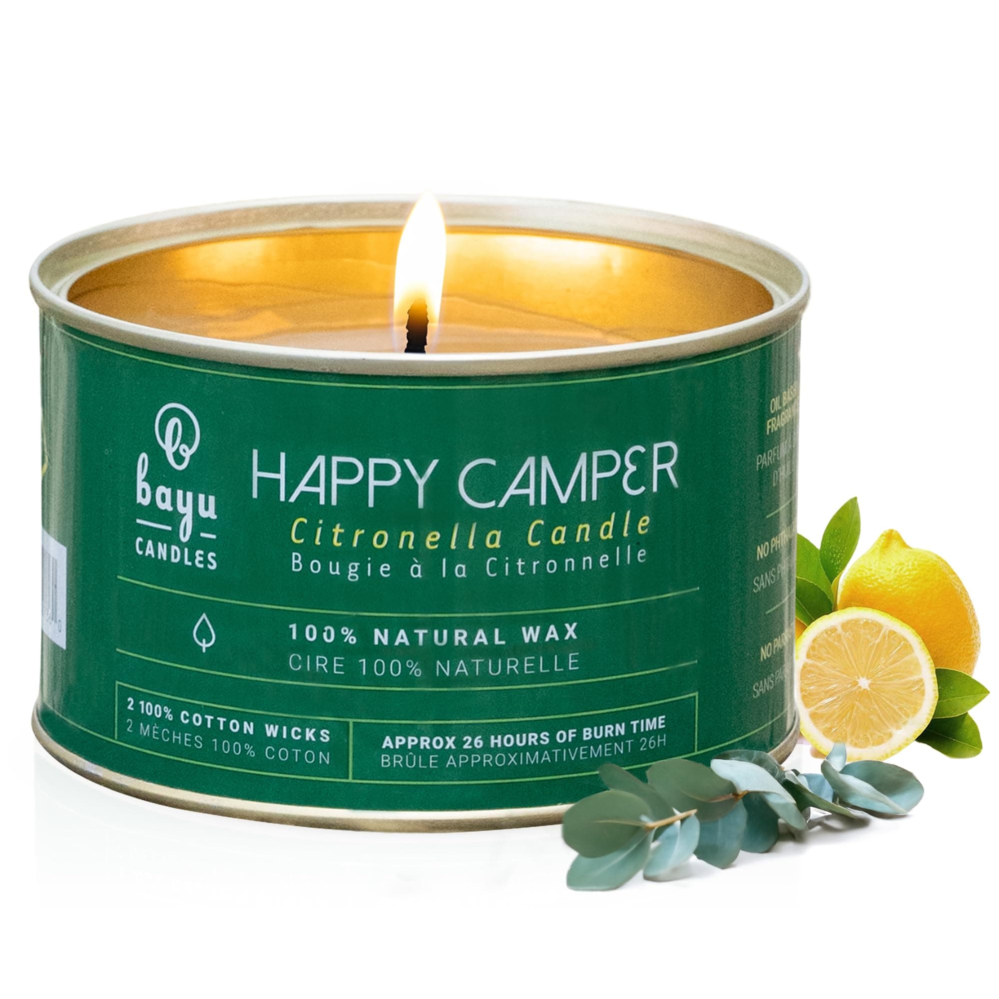 BayuHappy Camper 100% Natural Wax & Cotton Wicks with Fragrances of Citronella Oil, Steel Container Candle, Perfect for Outdoor use, Repelling Insects and Candle Light Dinner, Burning Time 26 Hrs