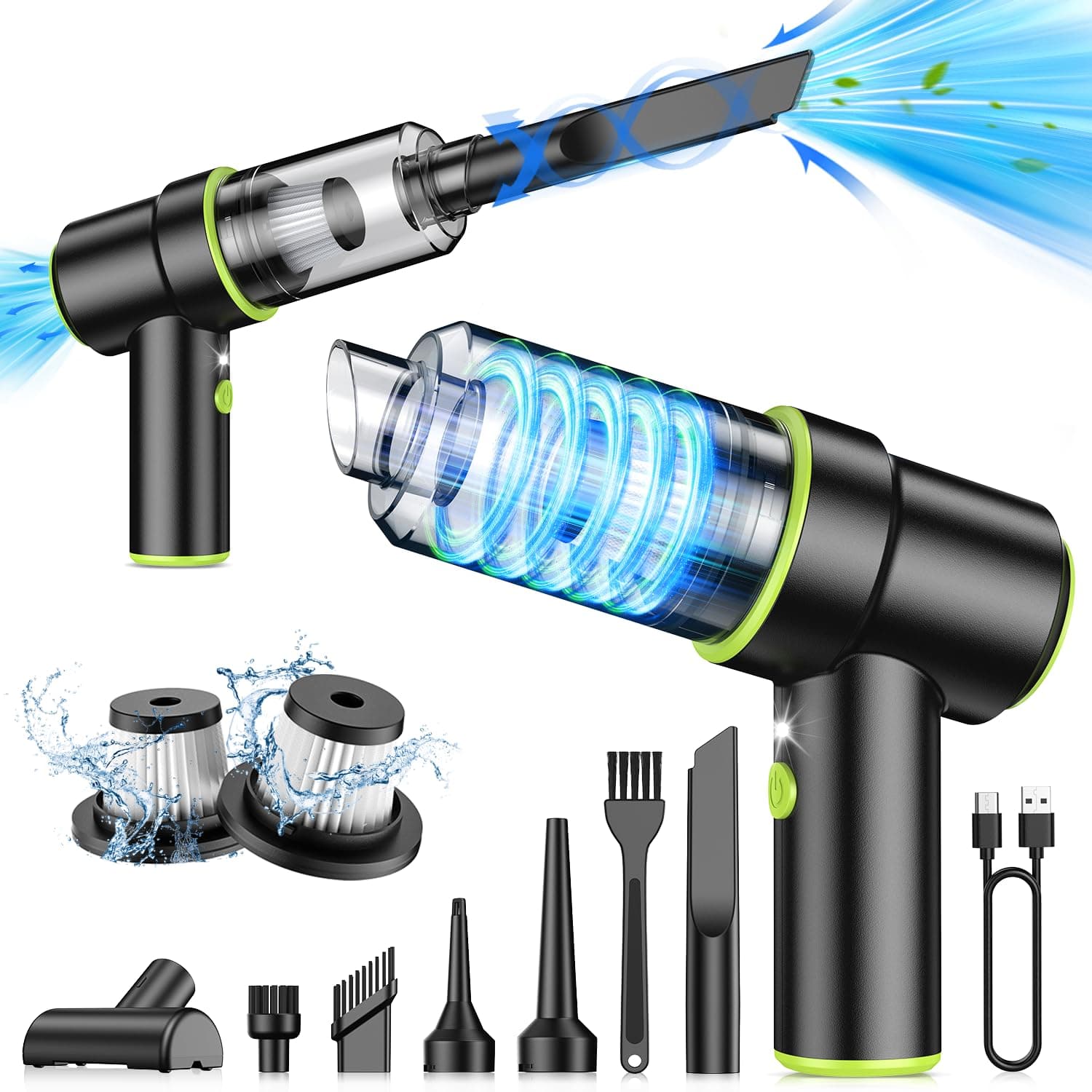 Handheld Car Vacuum Portable Cordless, 2 in 1 Handheld Vacuum Cleaner 12000PA Air Duster with Multi-Nozzles and LED Light, Mini Hand Held Vacuum Rechargeable for Home, Car, Office, Pet Hair