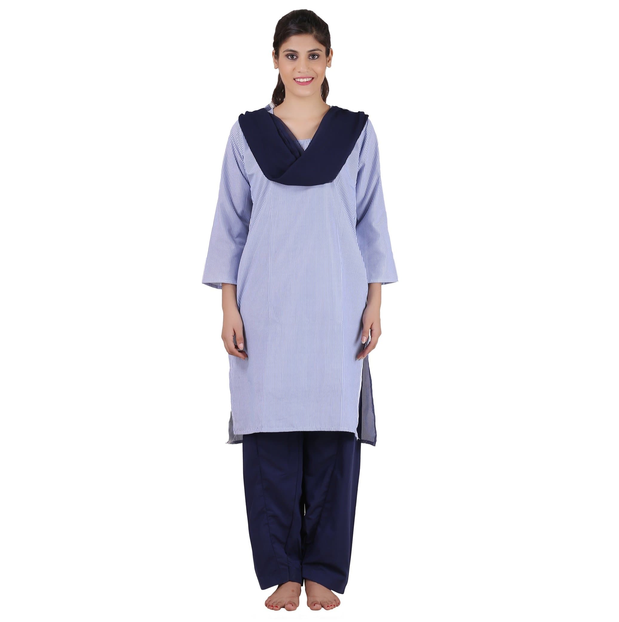 FABUNIFORMS Women Poly Cotton Readymade and Stitched Housekeeping Salwar Suit with Dupatta Set Ideal for Security Guard, Hotel, Cleaning and Hospital Staff Uniform (Light Blue with white Stripe) Size