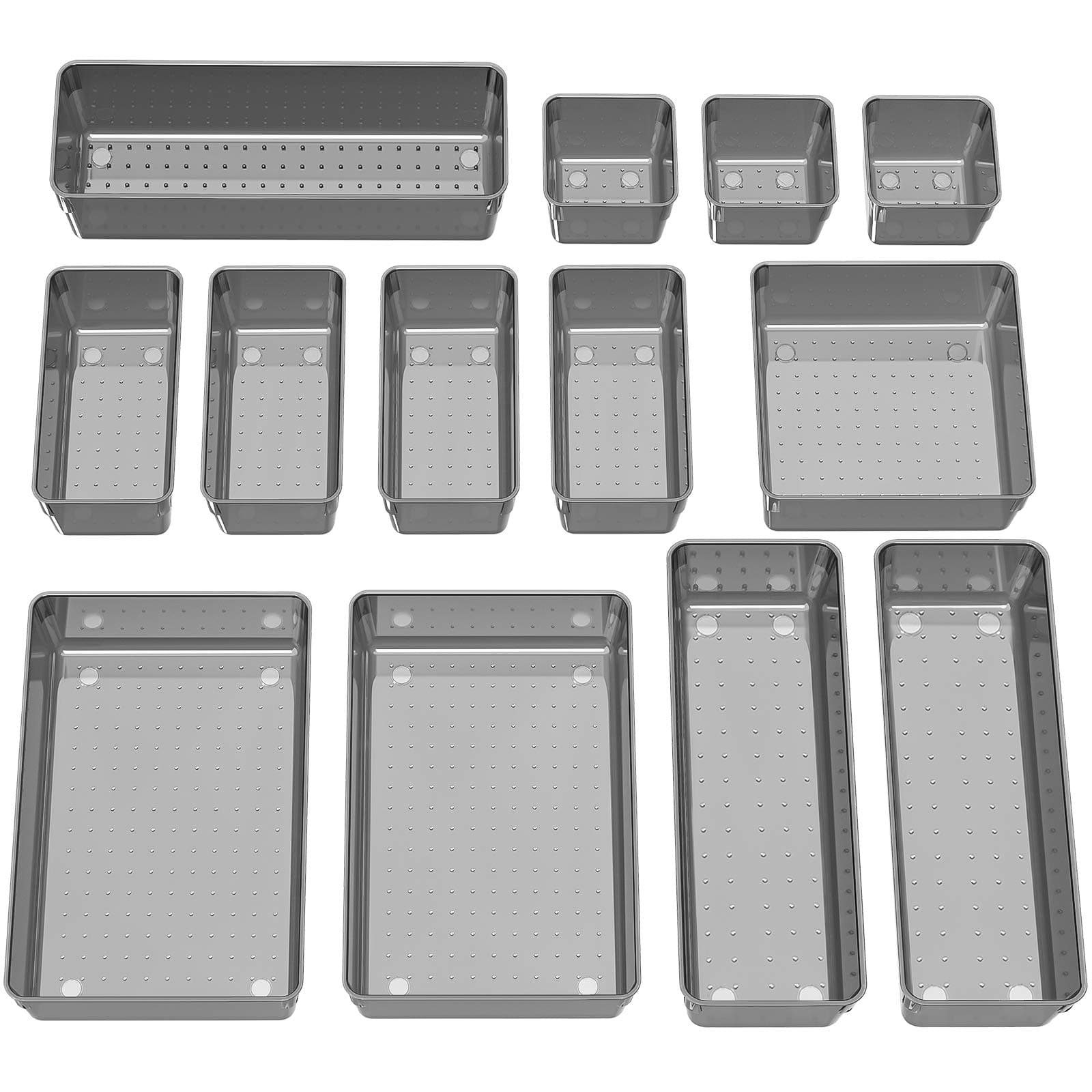 HEETA Set of 13 Desk Drawer Organiser Trays with Non-Slip Silicone Pads, 5-Size Plastic Storage Boxes Divider for Makeup, Jewelries, Utensils in Bedroom Dresser, Office and Kitchen(Black)